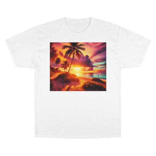 "Paradise Radiance: A Tropical Sunset Symphony" - Champion Tee Tropical Beach Sunset with Palm Trees