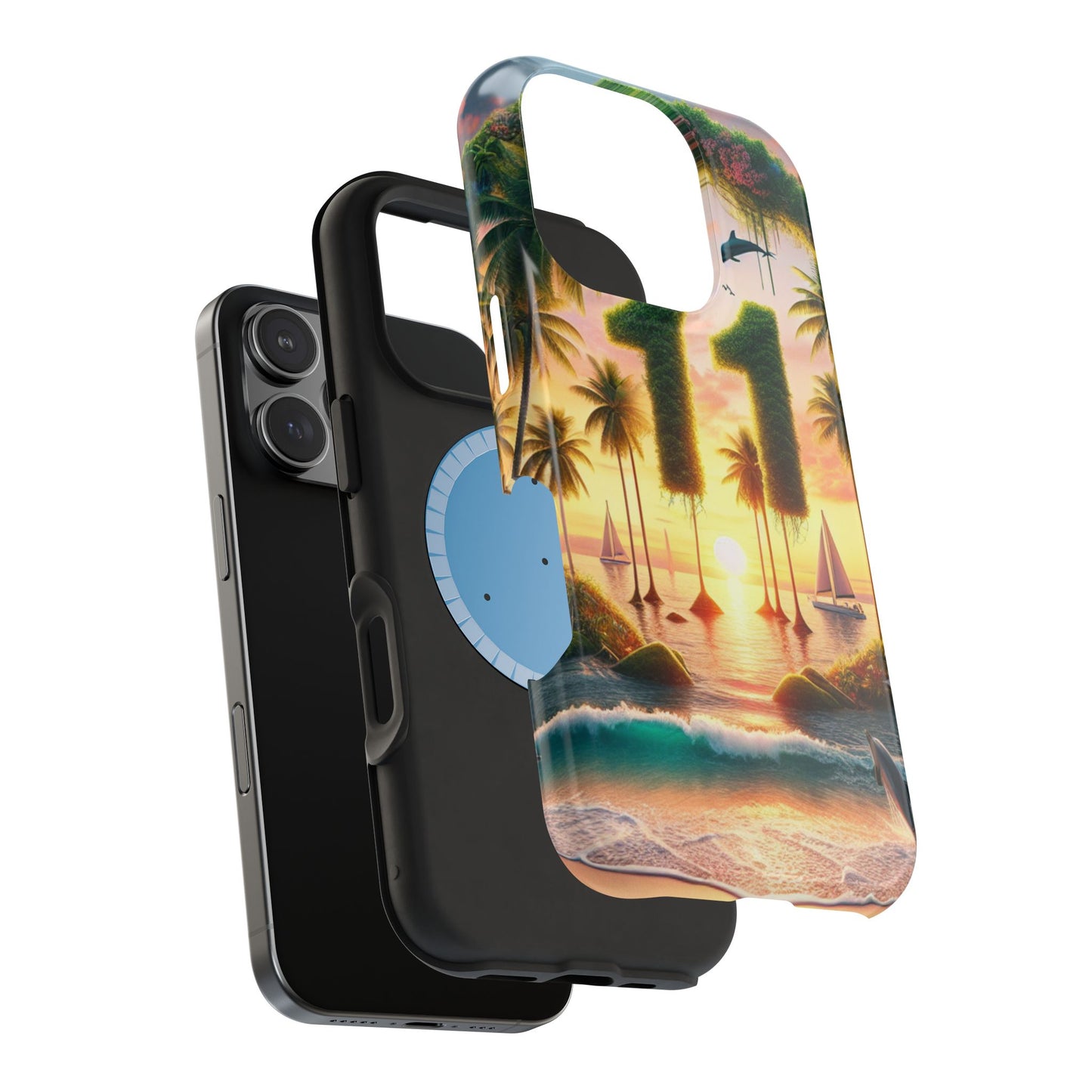 Magnetic Tough Cases, Iphone Case with Tropical Beach Sunset Dolphins and Sailboats HD Art, Angel Number 11, Sundrenched Serenity, Tropical