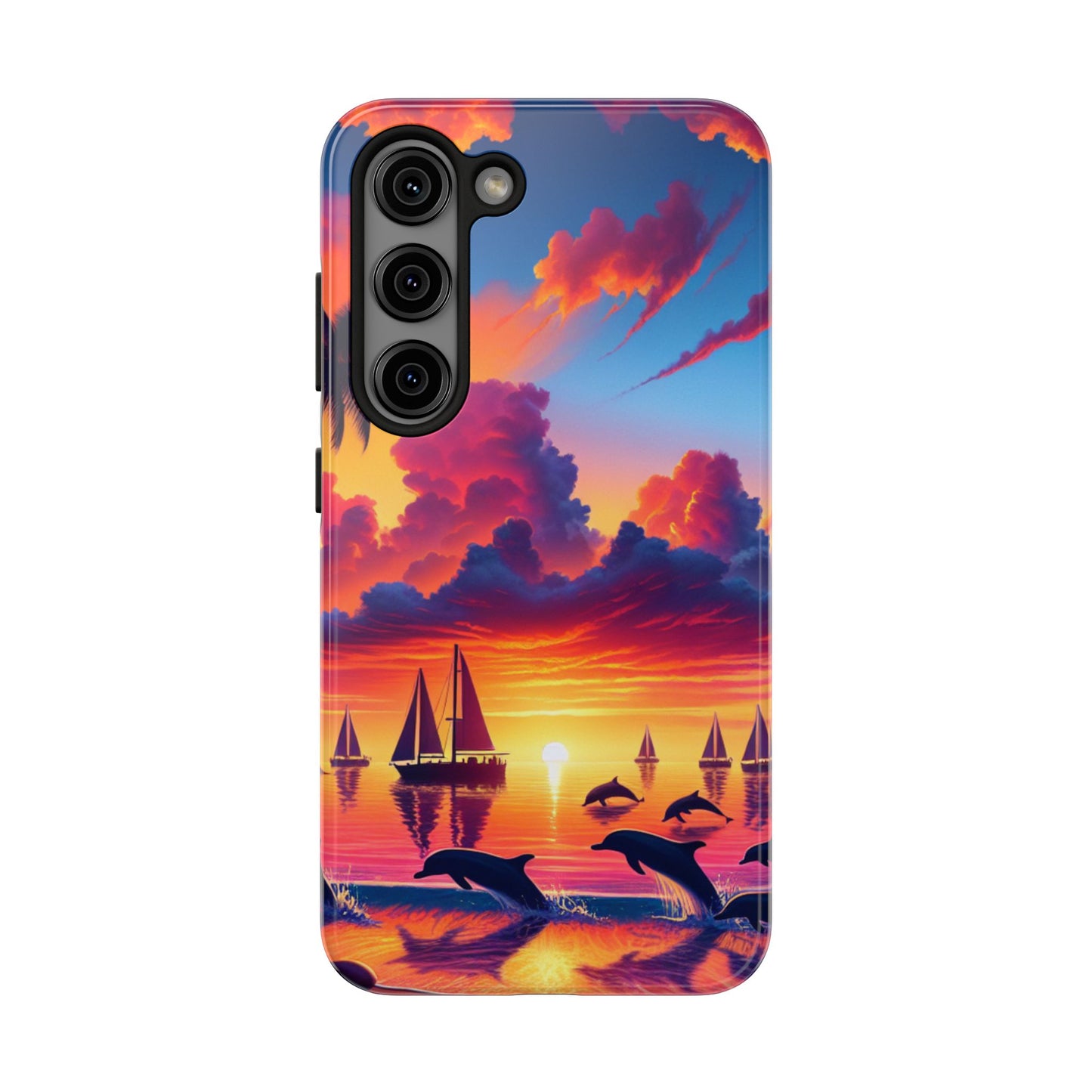 Samsung Galaxy S24 S23 S22 S21 Tough Phone Case "Serenity Sands: A Tropical Sunset Masterpiece" - 1111 Tropical Beach Palm Trees, Dolphins, and Sailboats Art