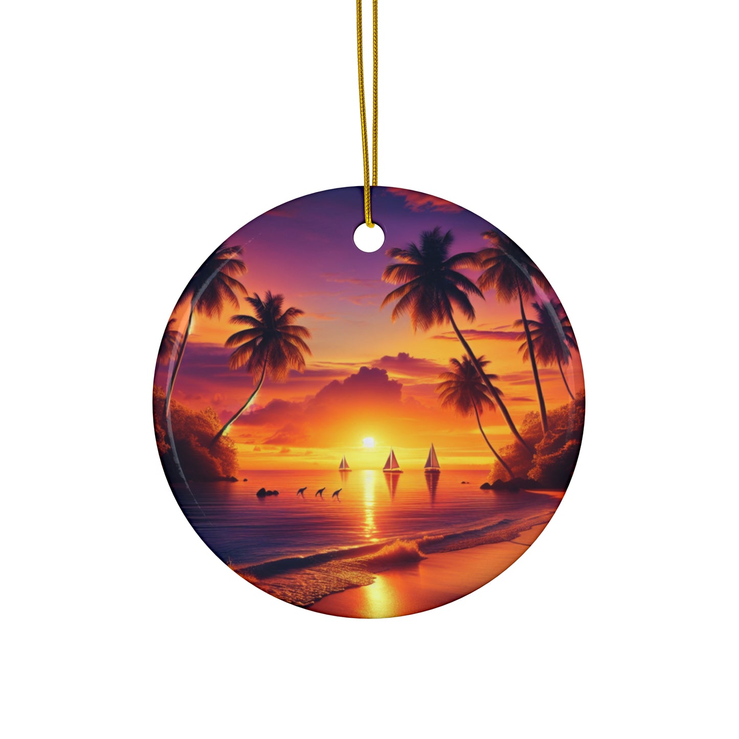 Ceramic Ornament Star, Heart, Snowflake or Circle 1111 "Paradise Twilight: An Exotic Escape in Colors" - Tropical Beach Sunset with Palm Trees, Dolphins, and Sailboats