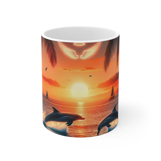 11oz Mug "Paradise Bliss: Serenity at Sunset 1111" - 1111 Tropical Beach Sunset with Palm Trees Dolphins and Sailboats