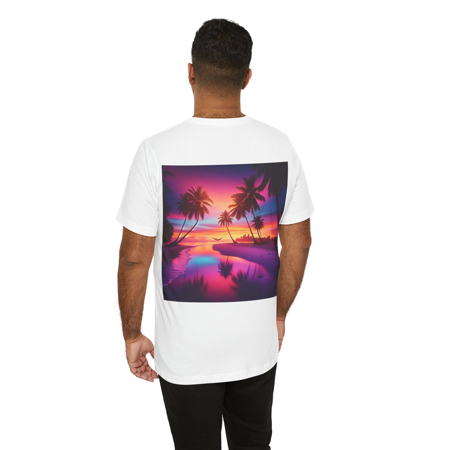 "Serenity Splash: A Tropical Twilight Masterpiece" - Tropical Beach Sunset with Palm Trees Unisex Tee