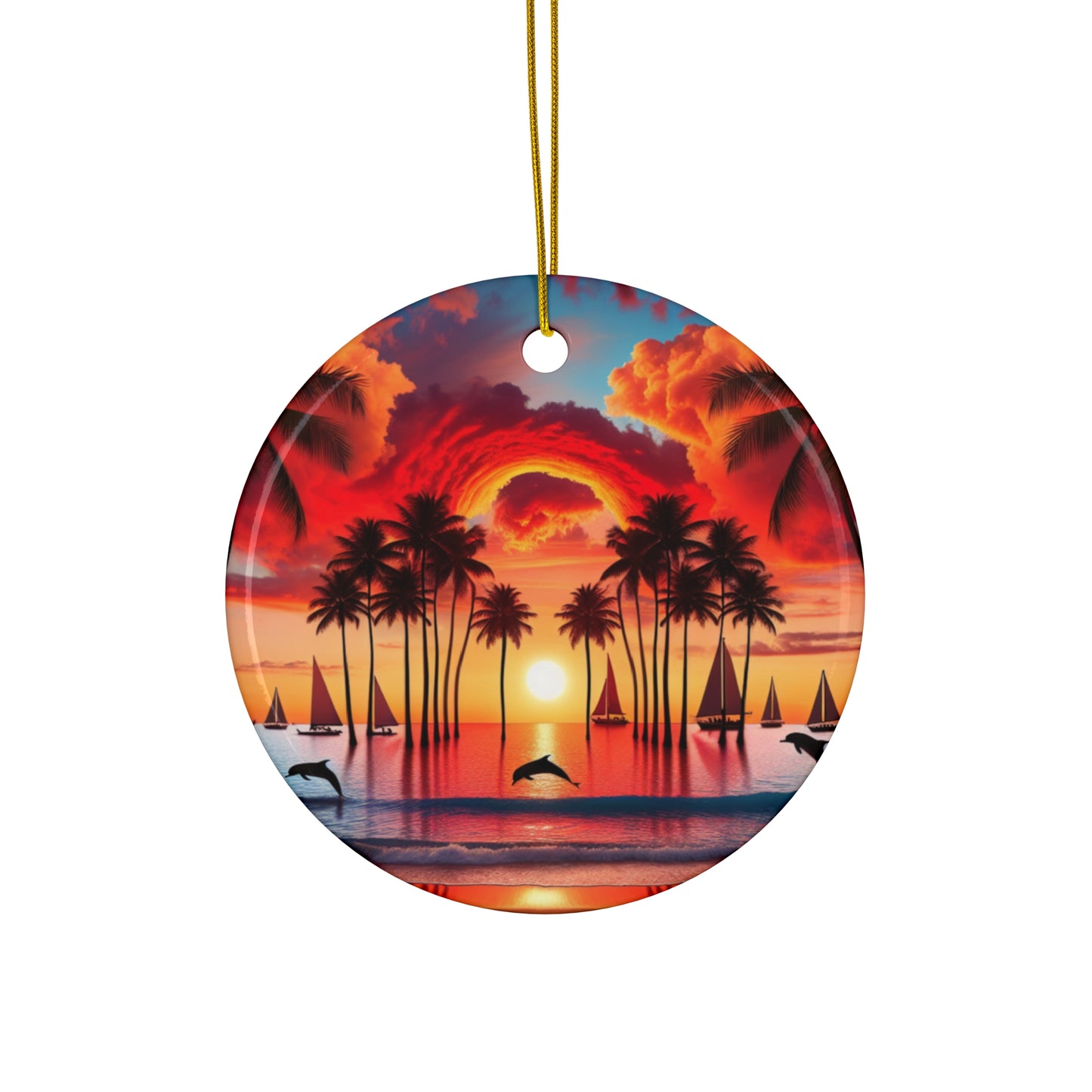 Ceramic Ornament Star, Heart, Snowflake or Circle 1111 "Paradise Serenity: Tropical Beach Sunset" - Tropical Beach Sunset with Palm Trees, Dolphins, and Sailboats