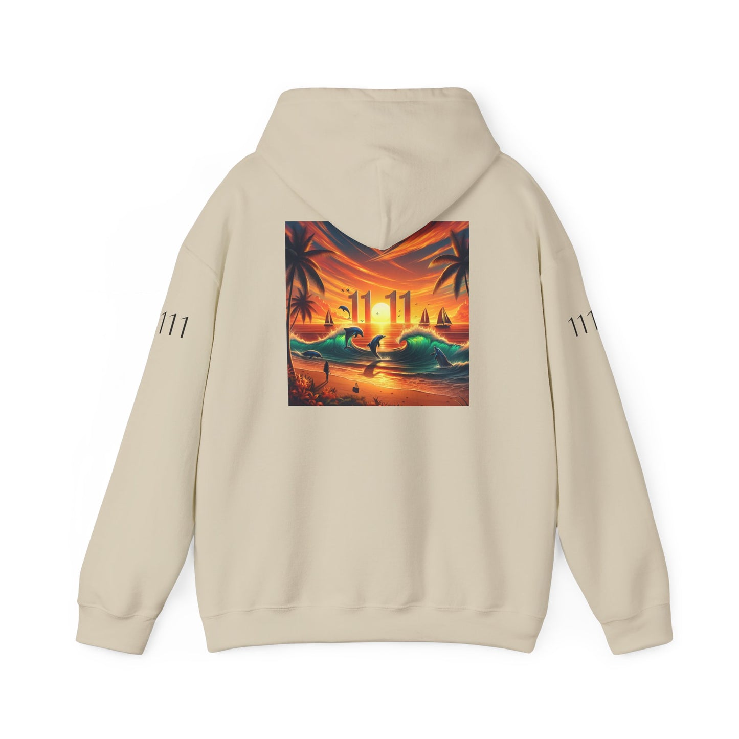 Tropical Beach Sunset Hoodie, Angel Number 11111 Spiritual Journey Unisex Sweatshirt, Beach Lovers Gift, Palm Trees Sailboats Dolphins New,