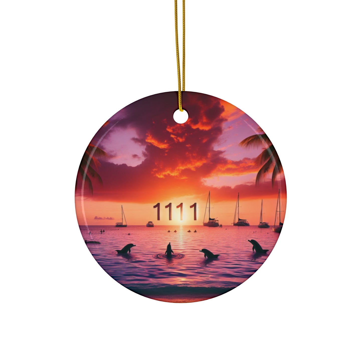 Ceramic Ornament Star, Heart, Snowflake or Circle 1111 "Tropical Serenity: A Sunset Paradise" - Tropical Beach Sunset with Palm Trees, Dolphins, and Sailboats