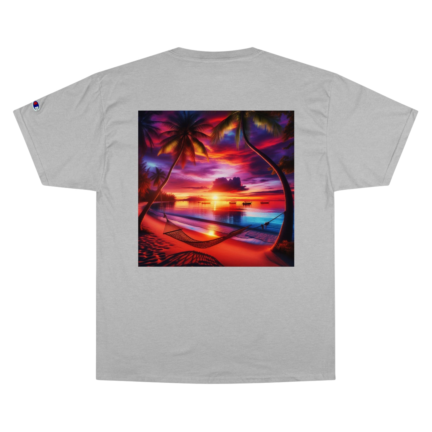 "Serenity Sands - The Aura of Tropical Twilight" - Champion Tee Tropical Beach Sunset with Palm Trees