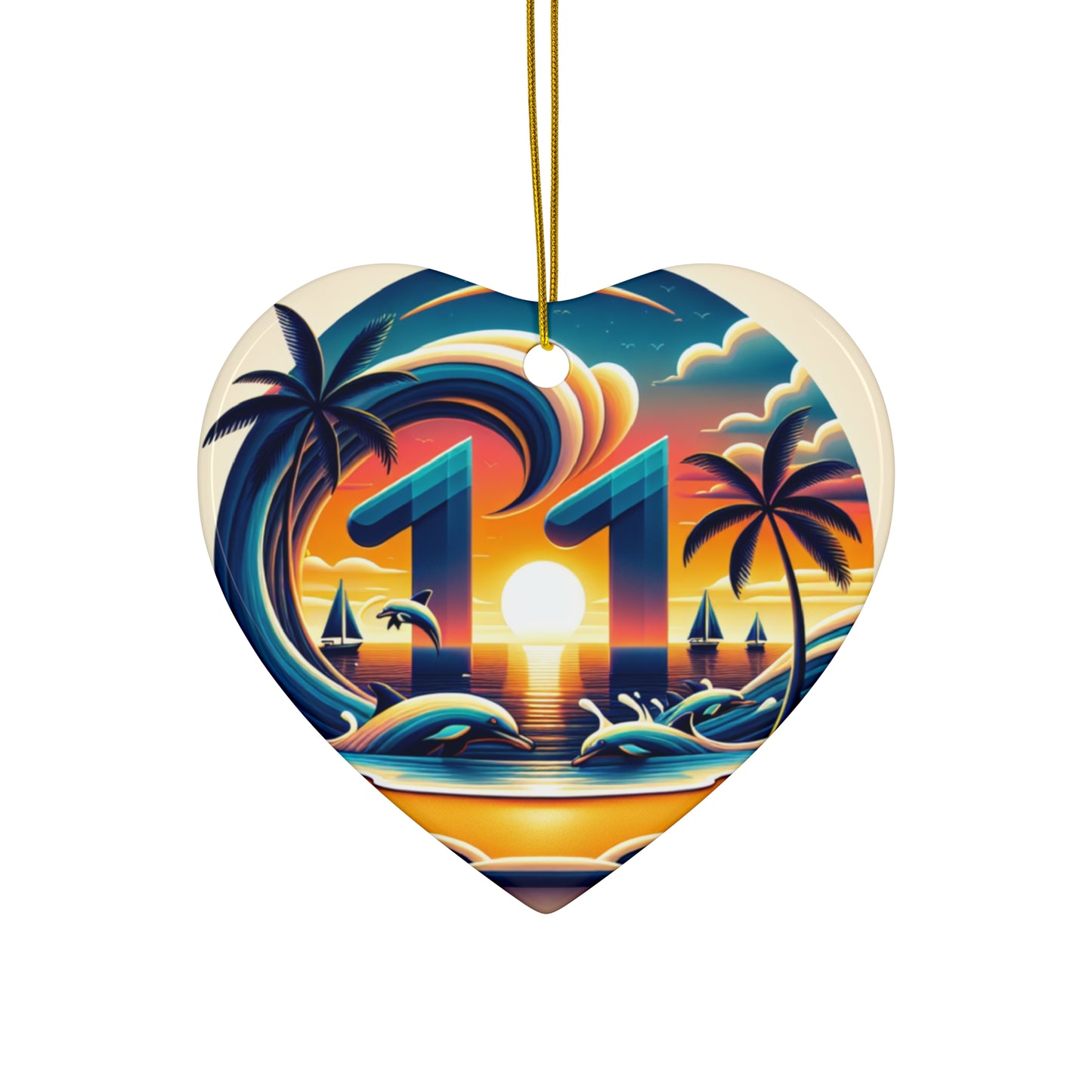 Ceramic Ornament Star, Heart, Snowflake or Circle 1111 "Paradise's Twilight: Tropical Beach Sunset Serenade" - Tropical Beach Sunset with Palm Trees, Dolphins, and Sailboats