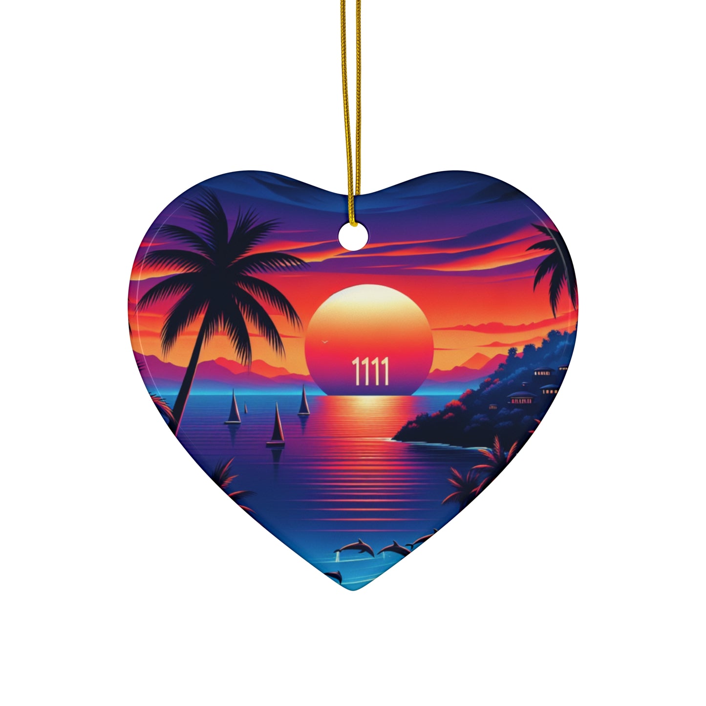 Ceramic Ornament Star, Heart, Snowflake or Circle 1111 "Palms Adrift In a Tropical Twilight" - Tropical Beach Sunset with Palm Trees, Dolphins, and Sailboats