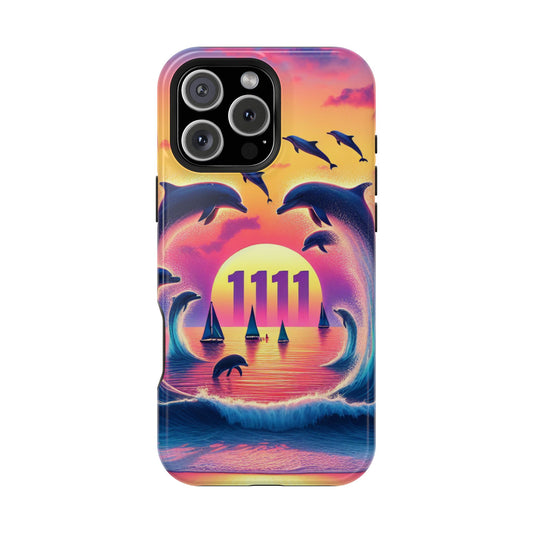 Magnetic Iphone 13-16 Pro and Max 1111 "Paradise Twilight: An Ode to Tropical Serenity" - Tough Phone Case with Tropical Beach Sunset Dolphins ande Sailboats HD Art