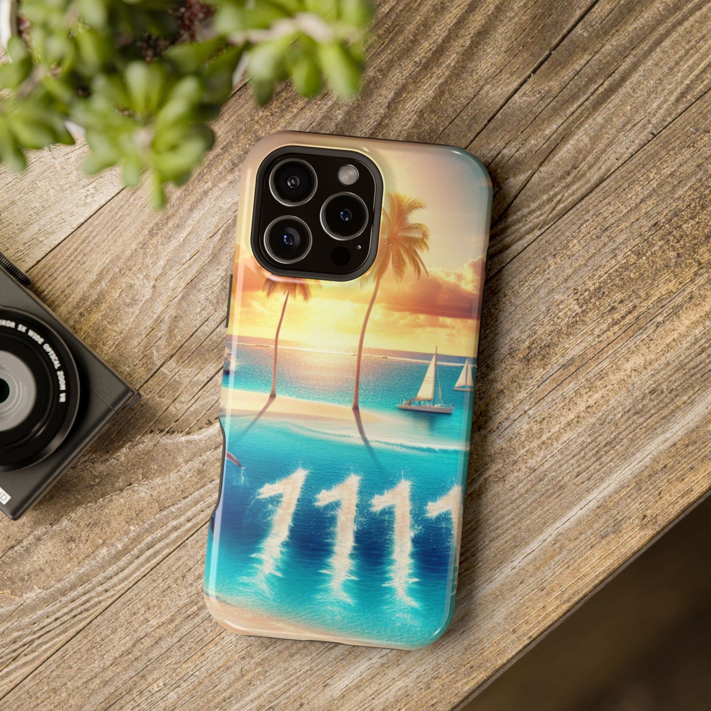 Magnetic Iphone 16 15 14 13 Pro and Max 1111 "Tropical Solitude: Sundown Serenity" - Tough Phone Case with Tropical Beach Sunset Dolphins ande Sailboats HD Art