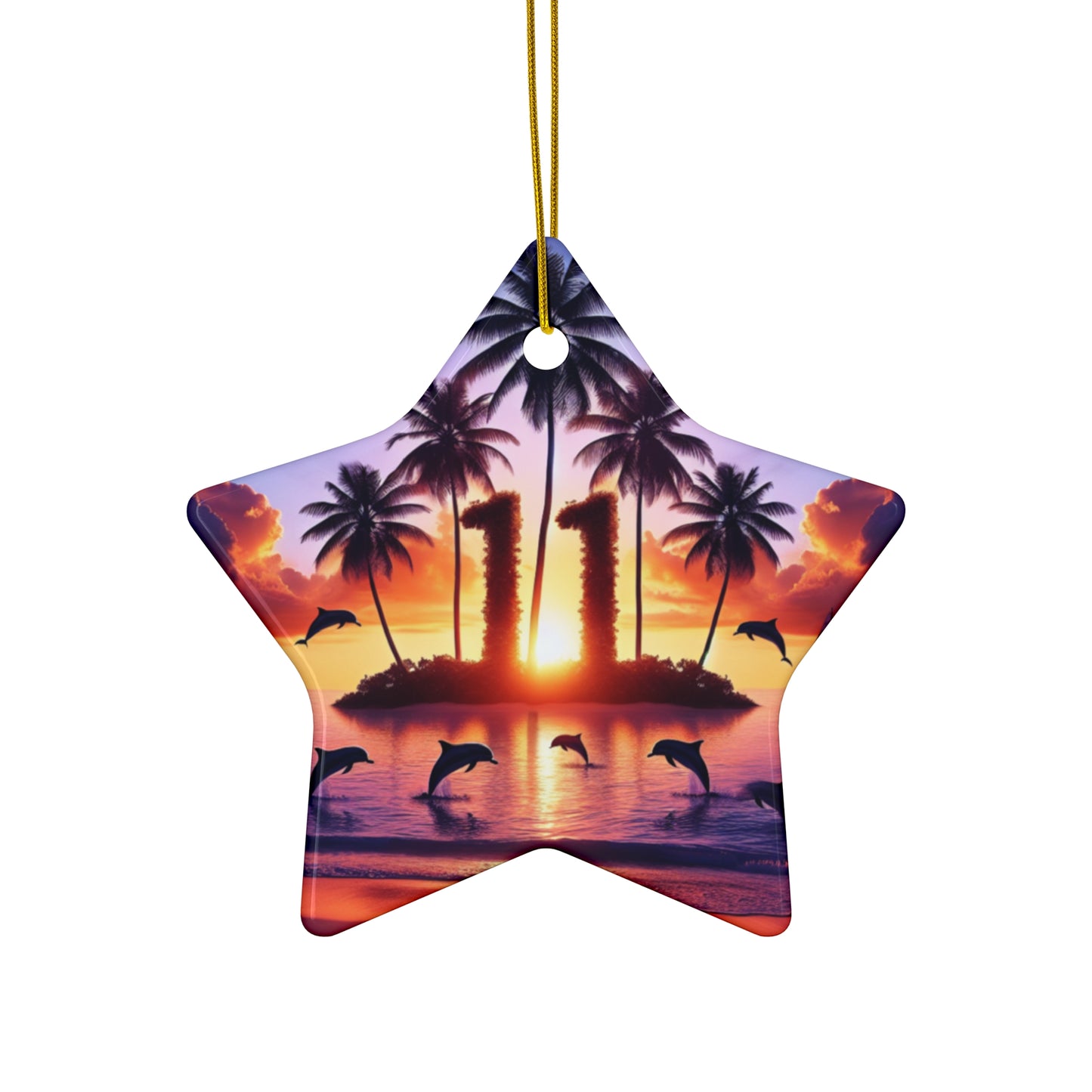 Ceramic Ornament Star, Heart, Snowflake or Circle 1111 "Crimson Dusk on Paradise Coast" - Tropical Beach Sunset with Palm Trees, Dolphins, and Sailboats