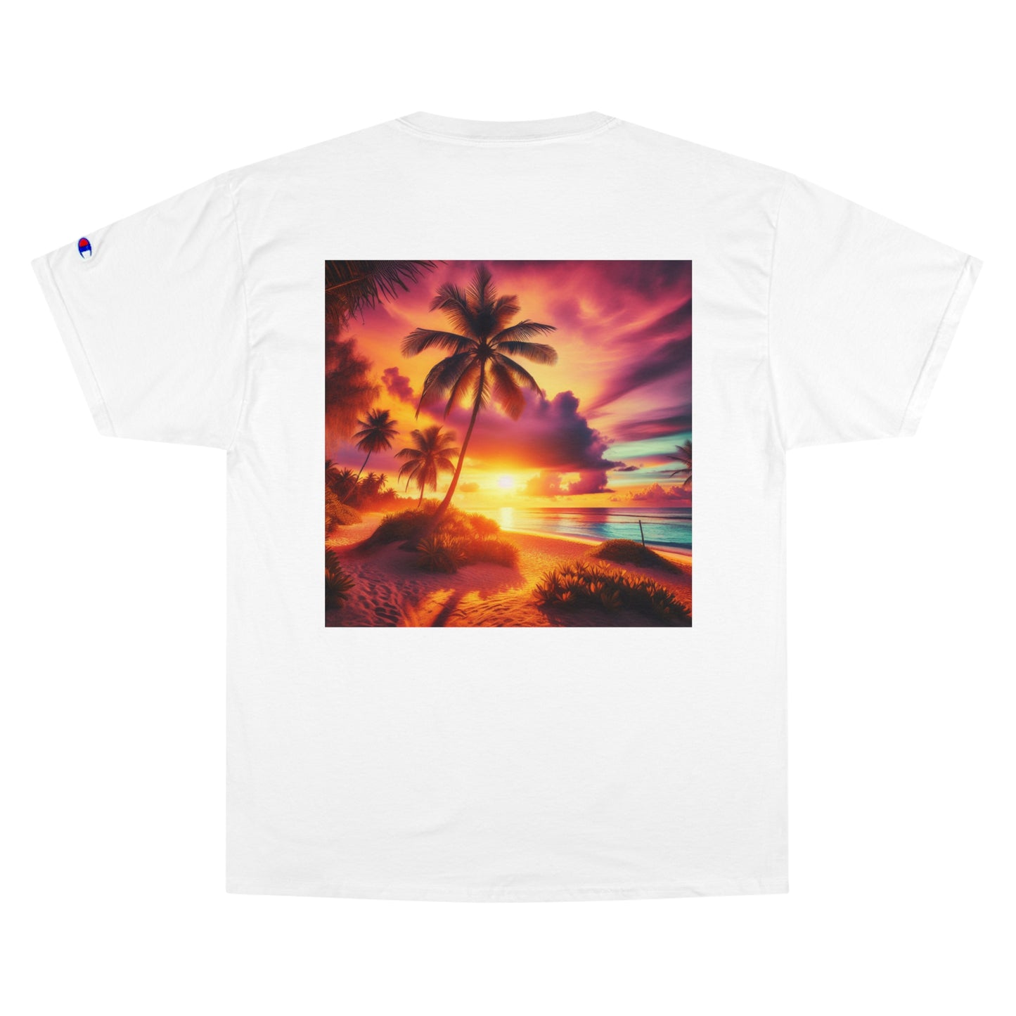 "Paradise Radiance: A Tropical Sunset Symphony" - Champion Tee Tropical Beach Sunset with Palm Trees