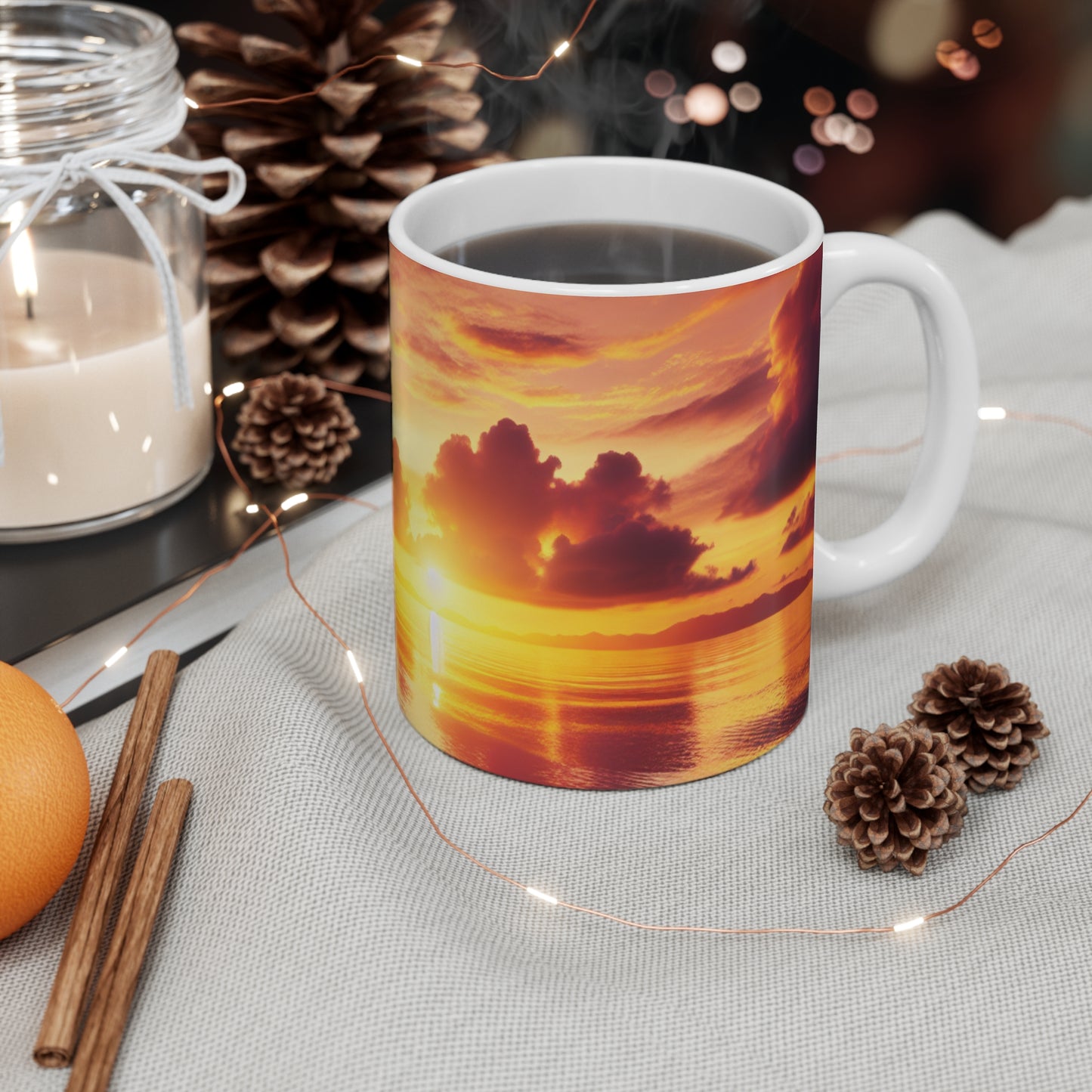 "Paradise Serenade: A Tropical Sunset Symphony" - Tropical Beach Sunset with Palm Trees 11oz White Mugs