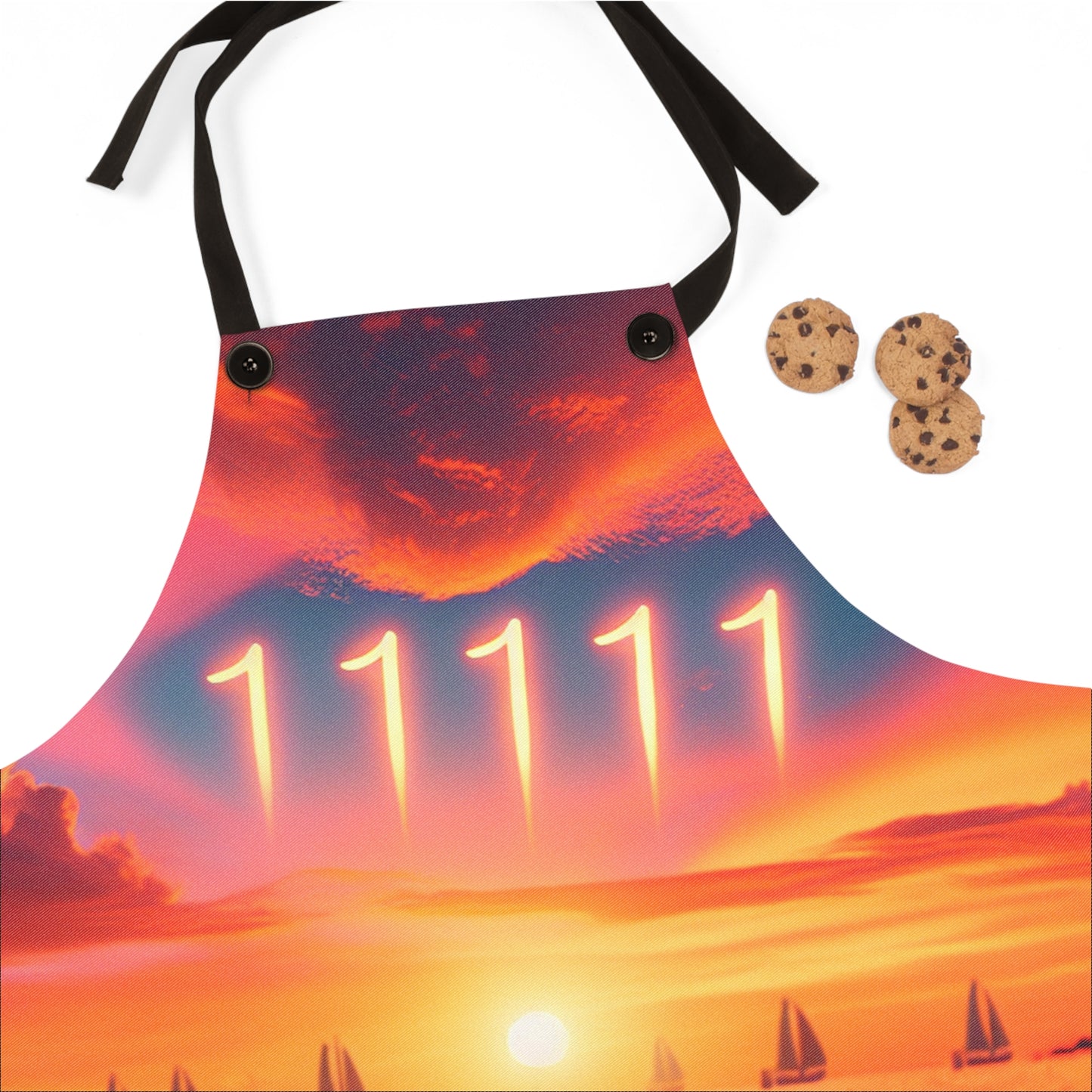 Tropical Beach Sunset Apron with Angel Number 1111, Dolphins, Sailboats, Palm Trees, Positive Mindset Reminder, Visualize Goals, Affirm