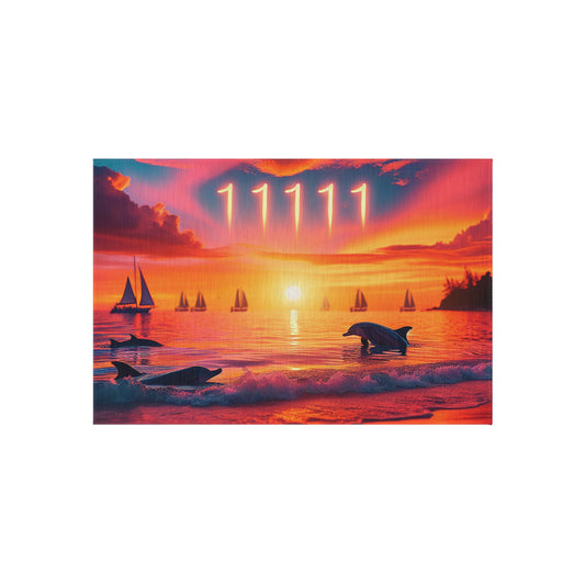 Tropical Beach Sunset with Dolphins, Sailboats and Angel number 11111 in the sky Outdoor Rug