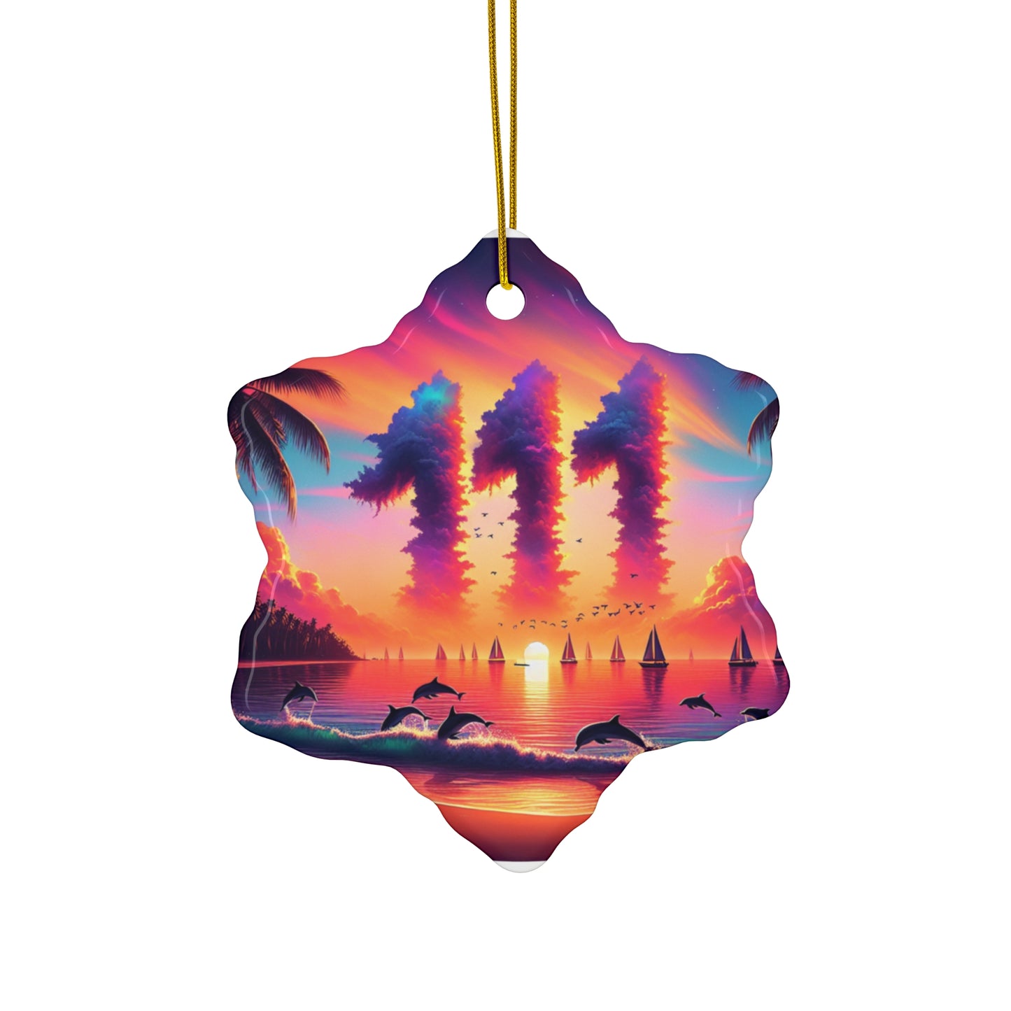 Ceramic Ornament Star, Heart, Snowflake or Circle 1111 "Paradise Dusk: An Ode to the Tropical Serenity" - Tropical Beach Sunset with Palm Trees, Dolphins, and Sailboats