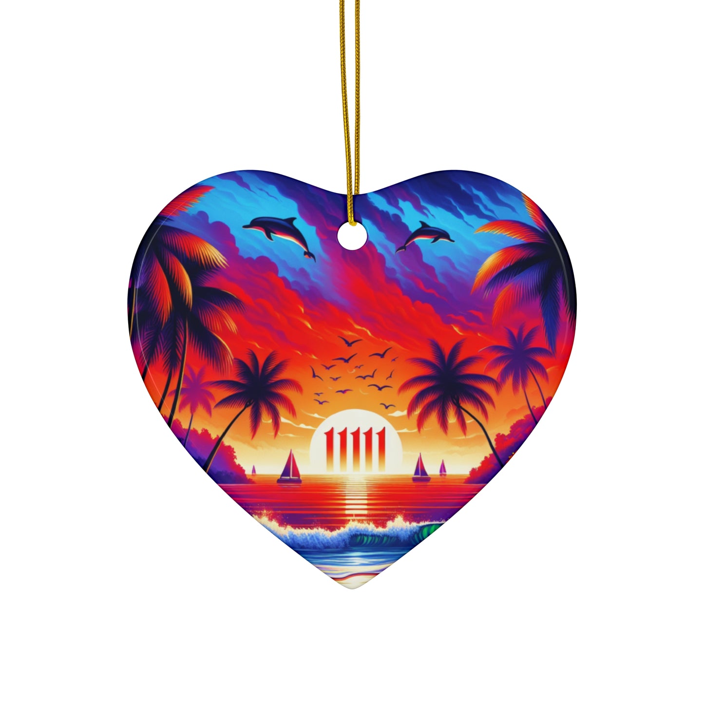 Ceramic Ornament Star, Heart, Snowflake or Circle 1111 "Sunset Serenity: A Tropical Oasis" - Tropical Beach Sunset with Palm Trees, Dolphins, and Sailboats