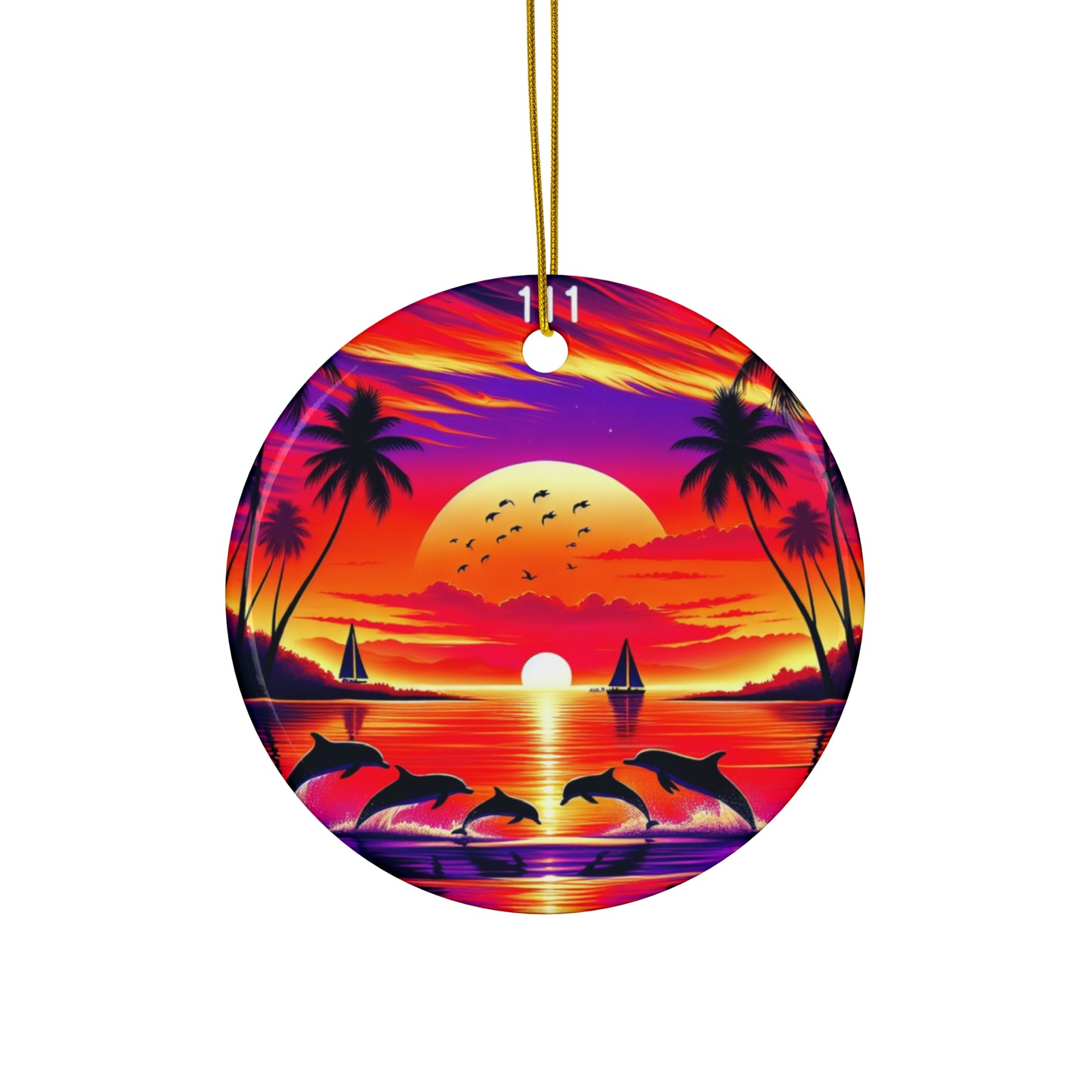 Ceramic Ornament Star, Heart, Snowflake or Circle 1111 "Paradise Dusk: An Exotic Beach Sunset Symphony" - Tropical Beach Sunset with Palm Trees, Dolphins, and Sailboats