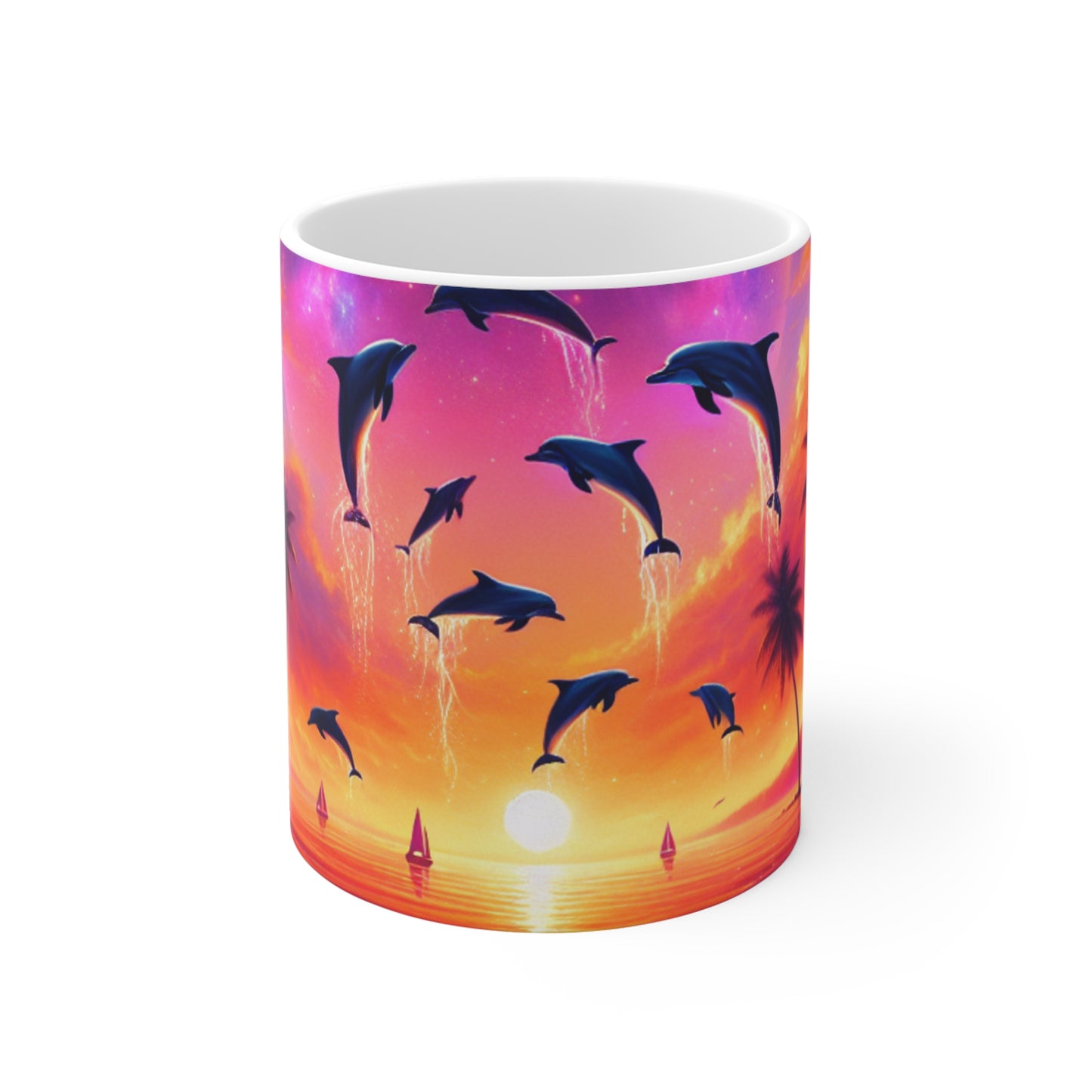 11oz 1111 Mug "Serenity Serenade: Tropical Twilight 1111" - Tropical Beach Sunset with Palm Trees Dolphins and Sailboats and angel number 1111