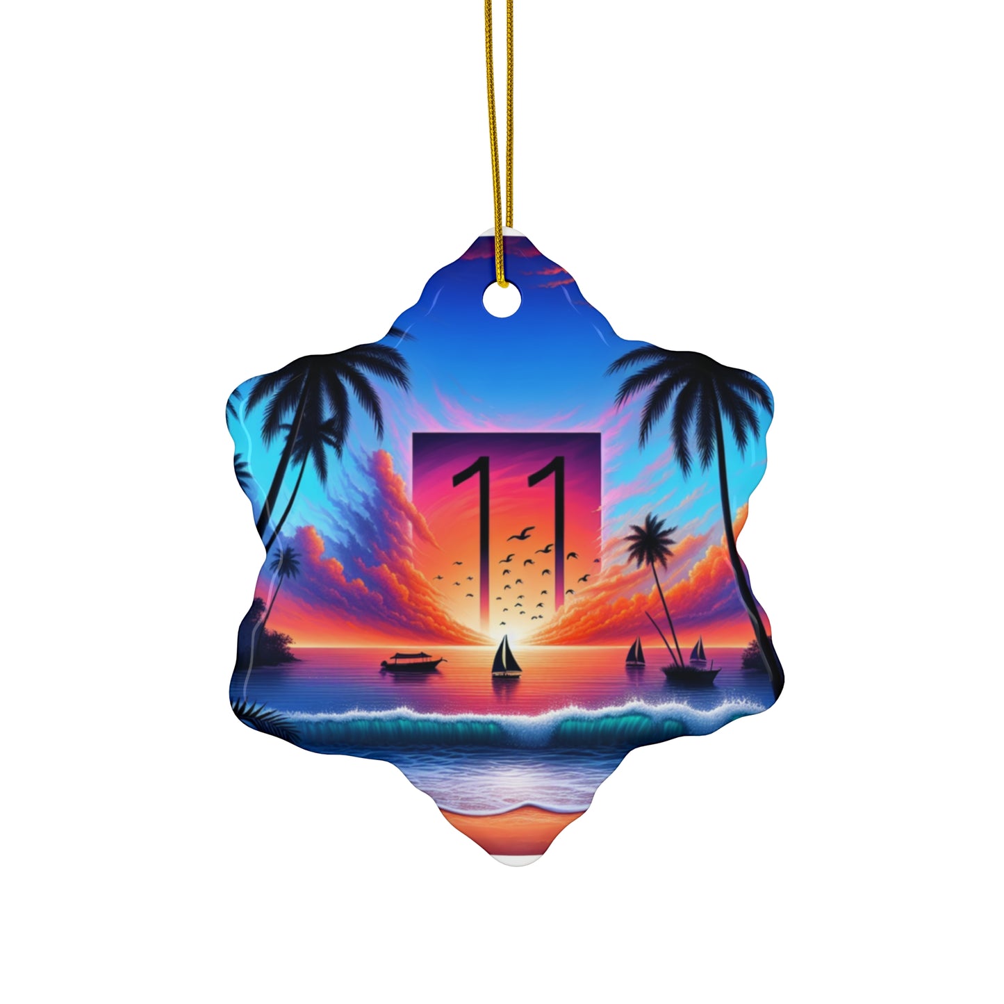 Ceramic Ornament Star, Heart, Snowflake or Circle 1111 "Serenity Sands: A Tropical Dusk Symphony" - Tropical Beach Sunset with Palm Trees, Dolphins, and Sailboats