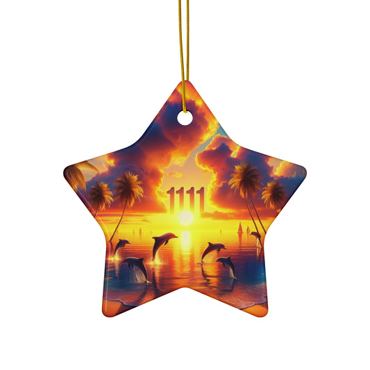 Ceramic Ornament Star, Heart, Snowflake or Circle 1111 "Paradise Serenity: Tropical Sunset Escape" - Tropical Beach Sunset with Palm Trees, Dolphins, and Sailboats