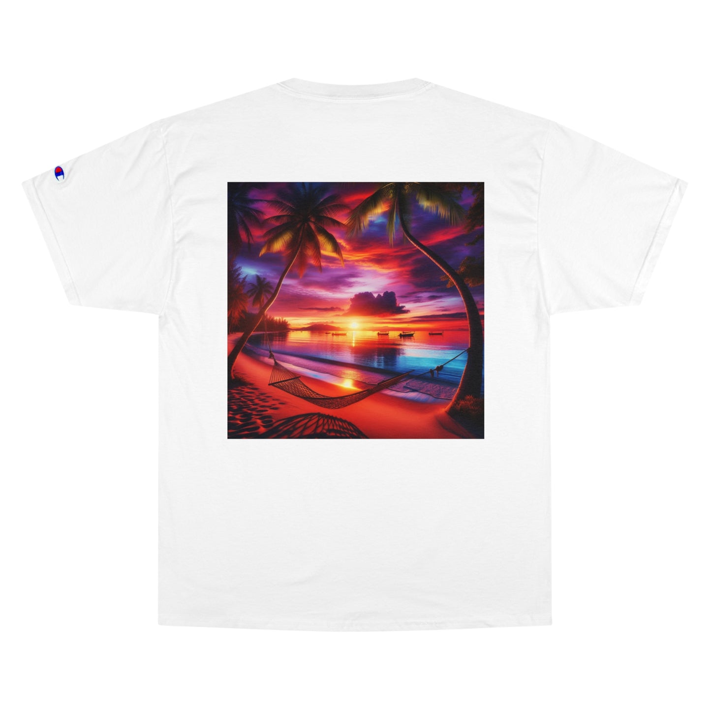 "Serenity Sands - The Aura of Tropical Twilight" - Champion Tee Tropical Beach Sunset with Palm Trees