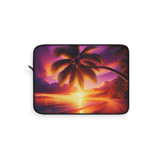 "Serenity Sands: A Tropical Twilight Tapestry" - Laptop Sleeve with Tropical Beach Sunset with Palm Trees Art