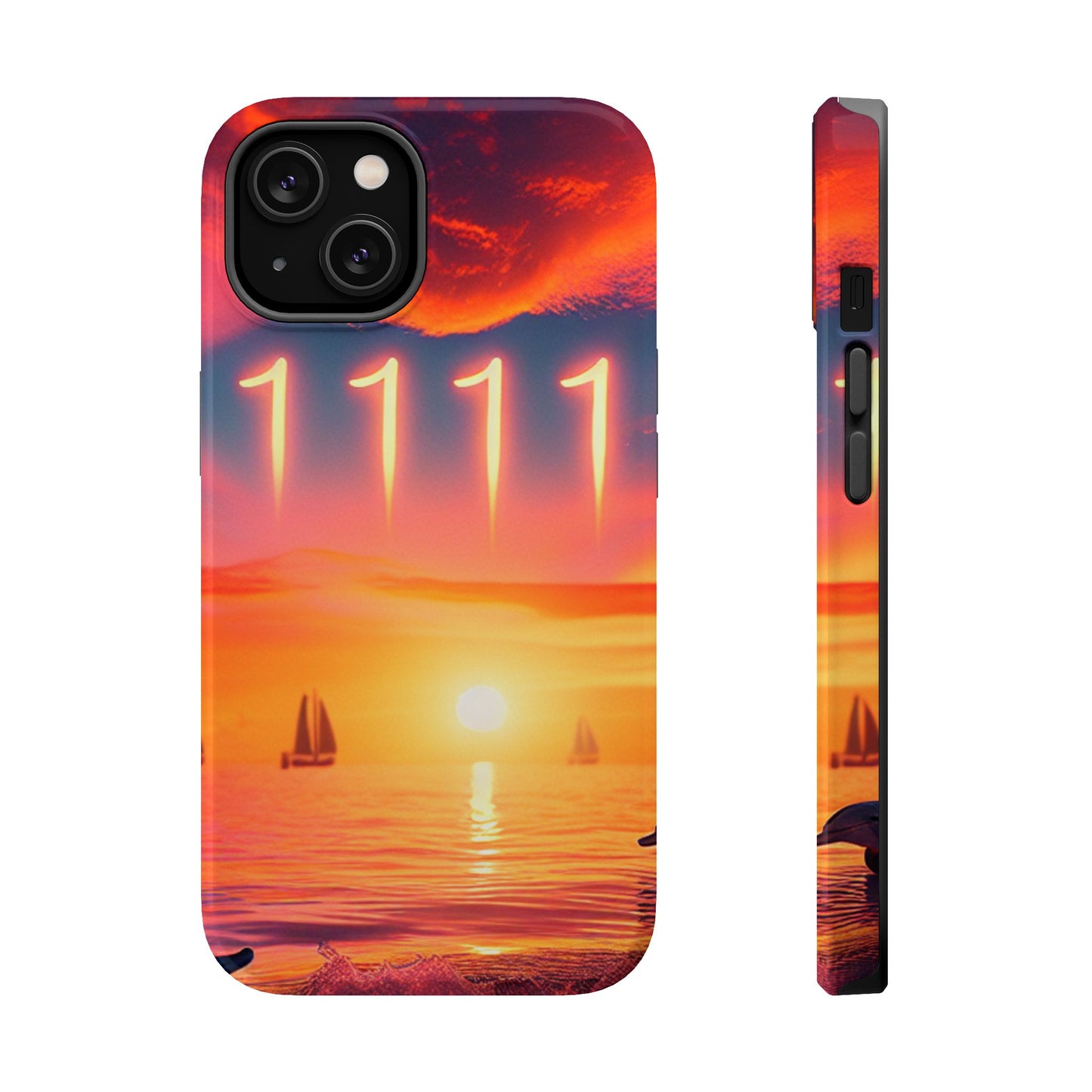 Iphone 13 14 15 6 Pro & Max Phone Case, Tropical Beach Dolphins Sunset Angel Number 1111 Reminder, Tough Case, Magnetic Cover, Gift for Positive Mindset, Visualize