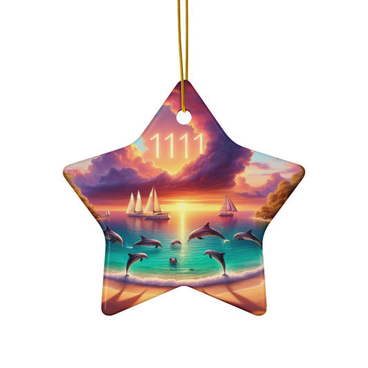 Ceramic Ornament Star, Heart, Snowflake or Circle 1111 "Serenade of the Tropics: An Ode to Sunset" - Tropical Beach Sunset with Palm Trees, Dolphins, and Sailboats