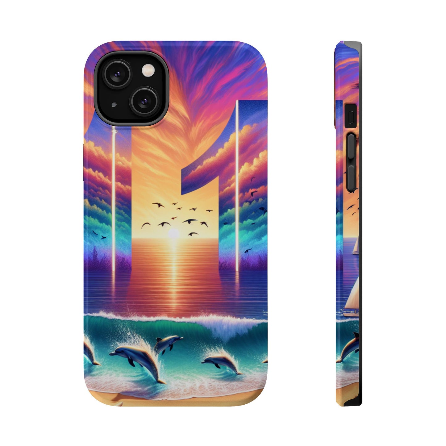 Magnetic Tough Phone case for phone 16 15 14 13 Pro Plus and Max  1111 "Island Serenity: Sunset Haven" - Tough Phone Case with Tropical Beach Sunset Dolphins ande Sailboats HD Art