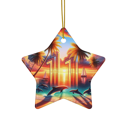 Ceramic Ornament Star, Heart, Snowflake or Circle 1111 "Paradise Twilight: Tropical Beach Serenade" - Tropical Beach Sunset with Palm Trees