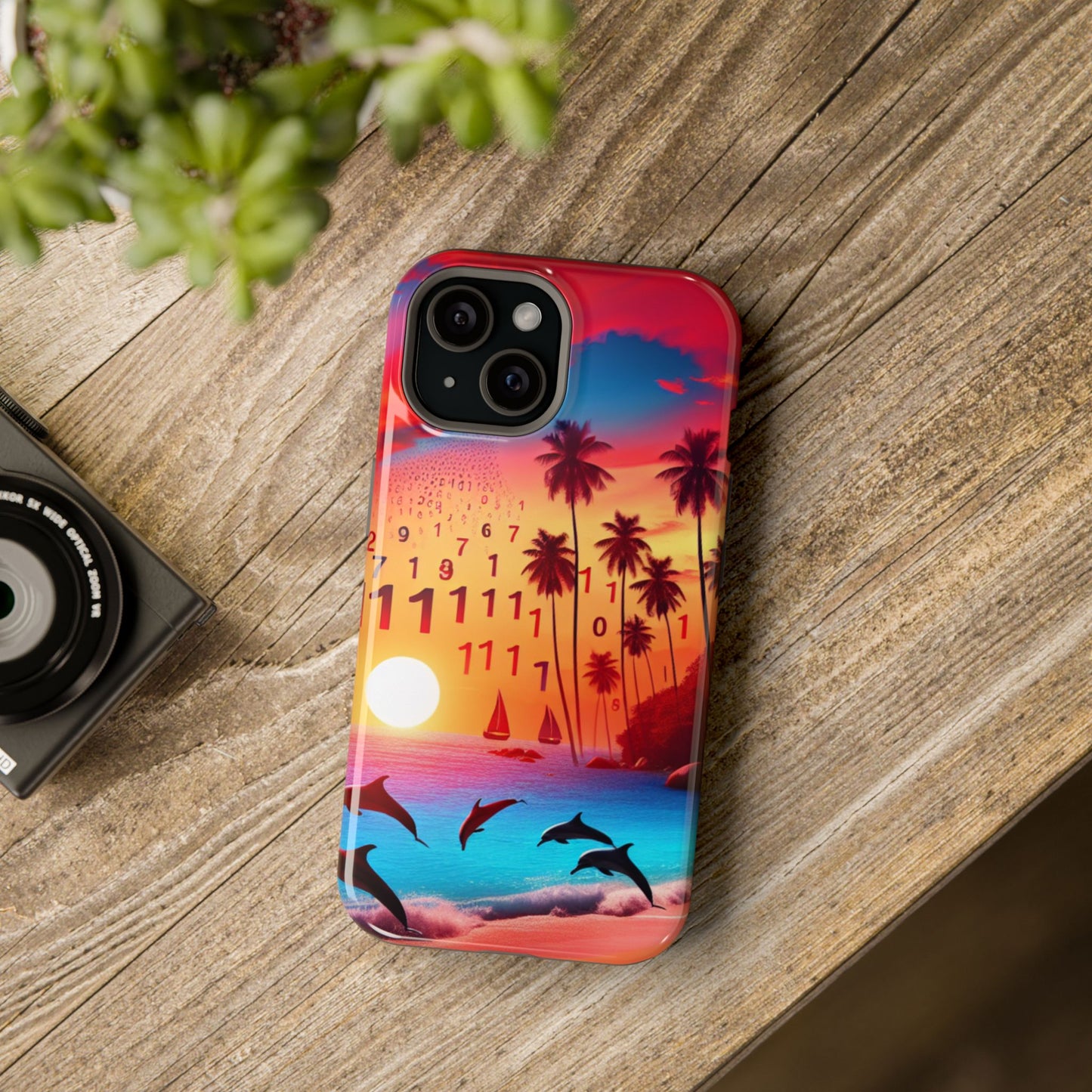 Magnetic Tough Phone case for phone 16 15 14 13 Pro Plus and Max  1111 "Serenity Horizon: Tropical Sundown Symphony" - Tough Phone Case with Tropical Beach Sunset Dolphins ande Sailboats HD Art