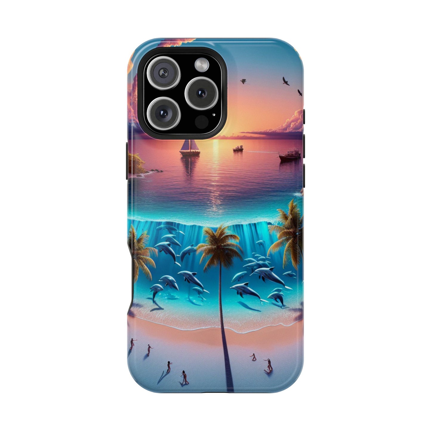 Magnetic Tough Phone case for phone 16 15 14 13 Pro Plus and Max  "Sunset Serenity: A Tropical Solitude" - Tough Phone Case with Tropical Beach Sunset Dolphins ande Sailboats HD Art