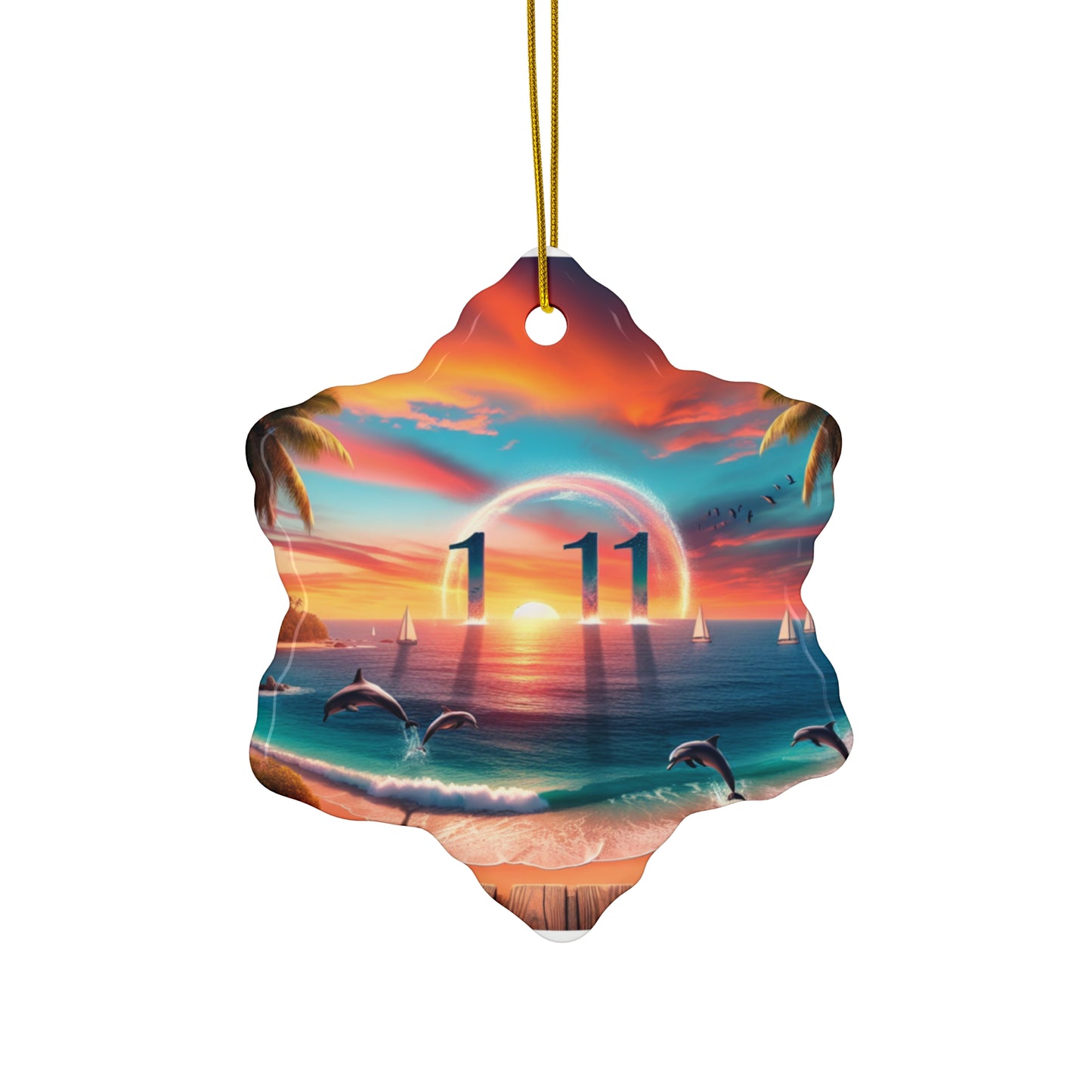 Ceramic Ornament Star, Heart, Snowflake or Circle 1111 "Enchanted Paradise: A Tropical Dusk Symphony" - Tropical Beach Sunset with Palm Trees, Dolphins, and Sailboats