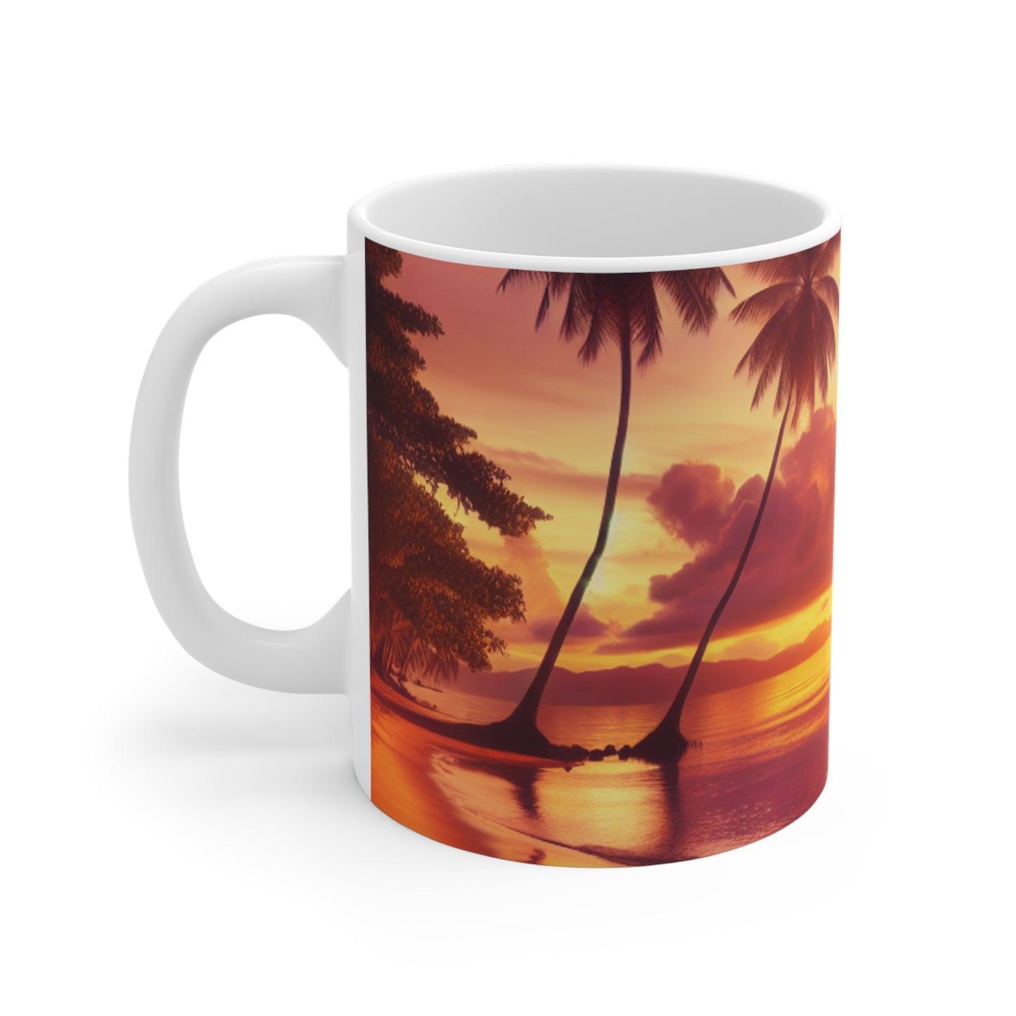 "Paradise Serenade: A Tropical Sunset Symphony" - Tropical Beach Sunset with Palm Trees 11oz White Mugs