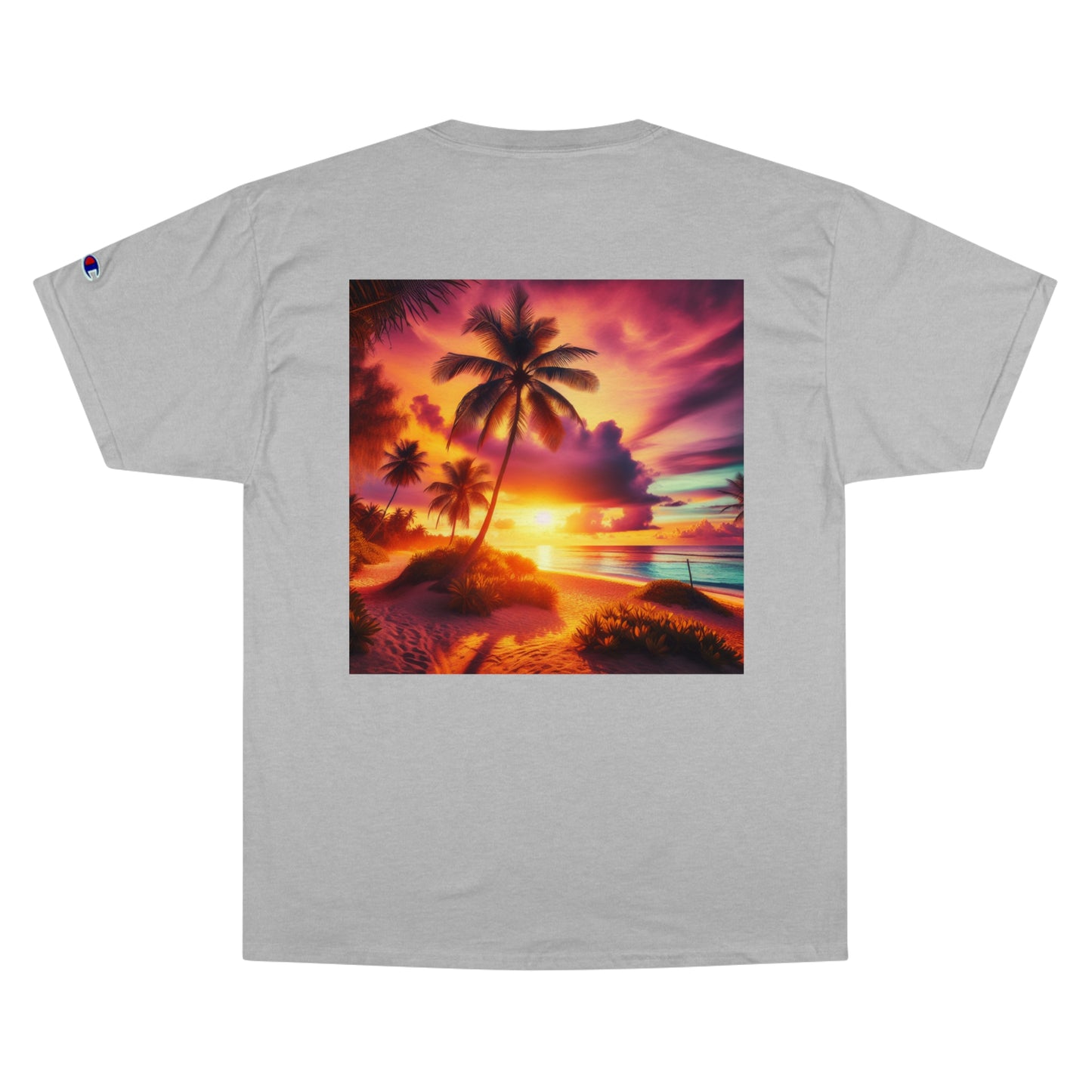 "Paradise Radiance: A Tropical Sunset Symphony" - Champion Tee Tropical Beach Sunset with Palm Trees