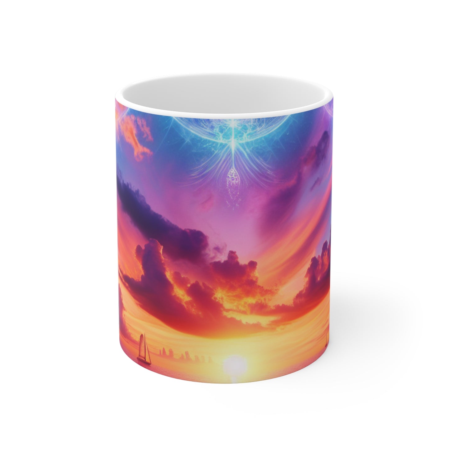 11oz 1111 Mug "Paradise Serenity: Tropical Sunset Symphony with Celestial 1111" - Tropical Beach Sunset with Palm Trees Dolphins and Sailboats and angel number 1111