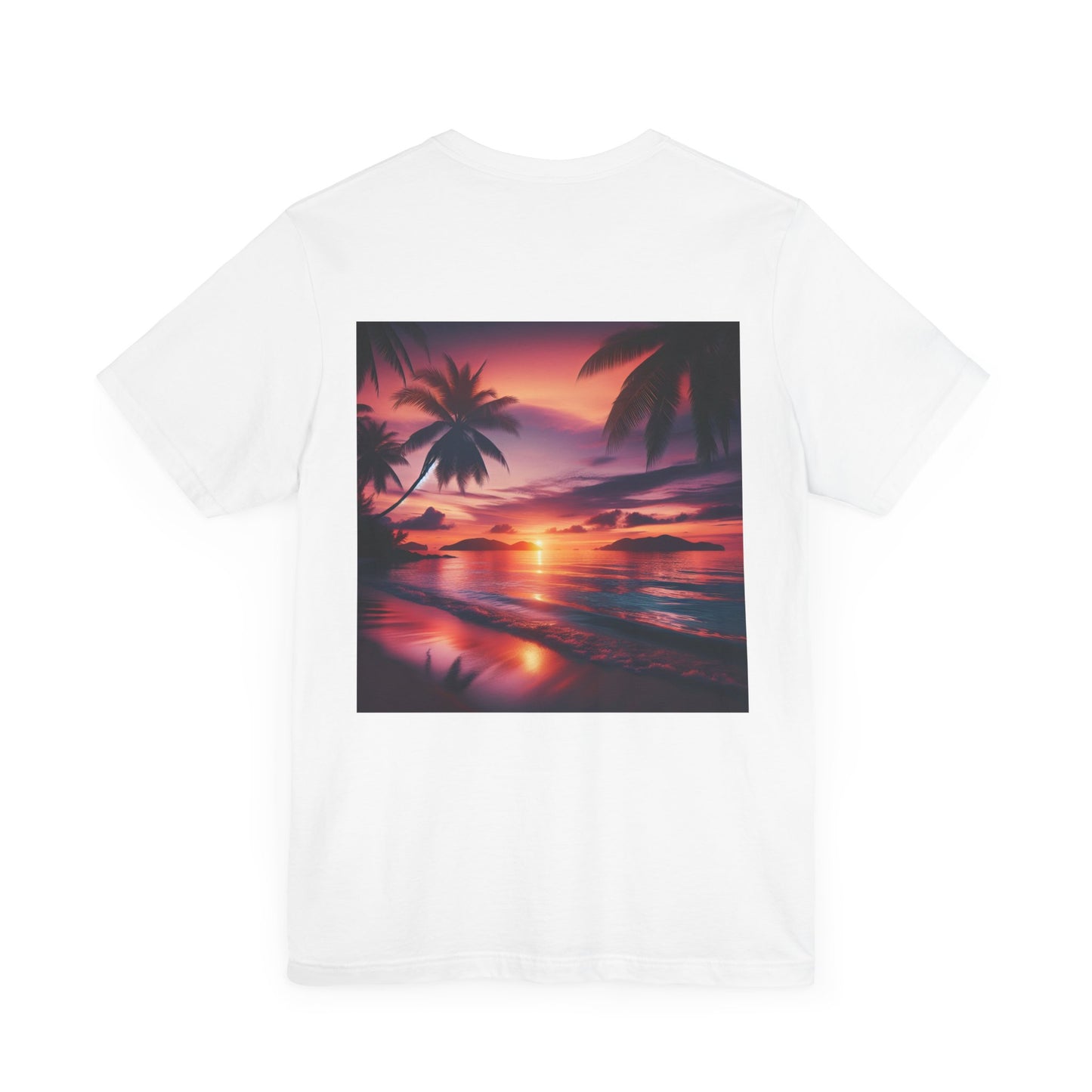 "Paradise Dusk: A Symphonic Blend of Sun, Sand & Serenity" - Tropical Beach Sunset with Palm Trees Unisex Jersey Tee