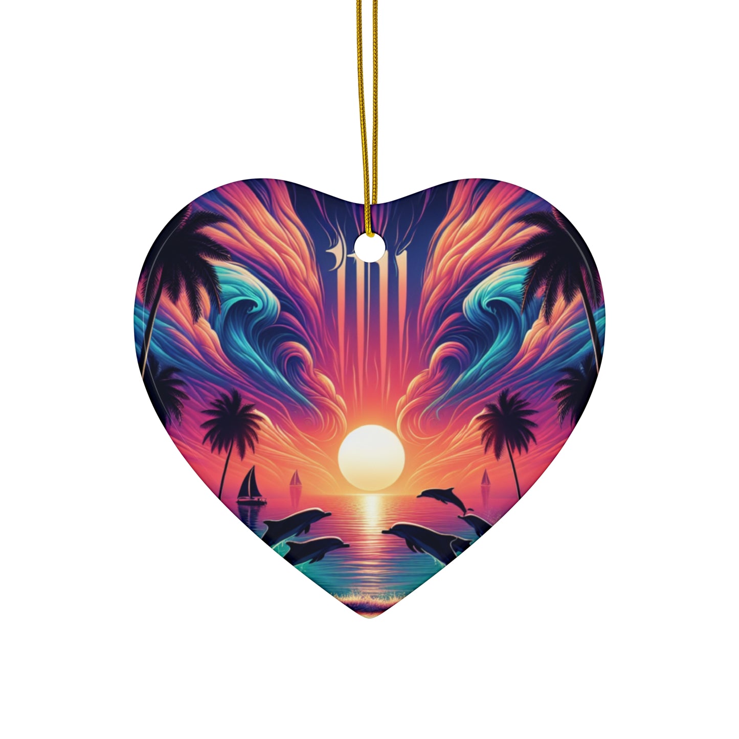 Ceramic Ornament Star, Heart, Snowflake or Circle 1111 "Paradise Dusk: A Tropical Serenade" - Tropical Beach Sunset with Palm Trees, Dolphins, and Sailboats