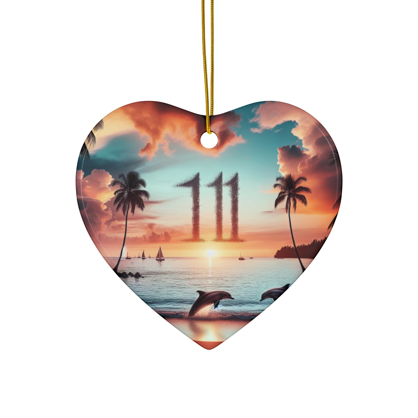 Ceramic Ornament Star, Heart, Snowflake or Circle 1111 "Paradise Twilight: A Tropical Beach Serenade" - Tropical Beach Sunset with Palm Trees