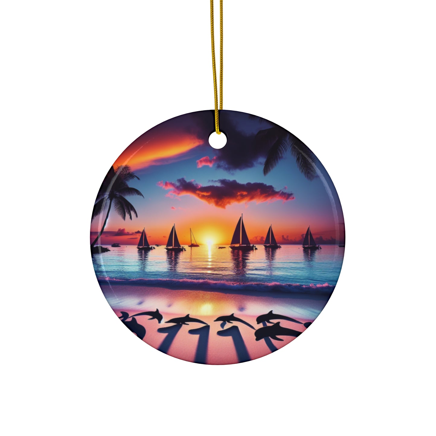 Ceramic Ornament Star, Heart, Snowflake or Circle 1111 "Paradise Serenity: A Tropical Sundown Symphony" - Tropical Beach Sunset with Palm Trees, Dolphins, and Sailboats