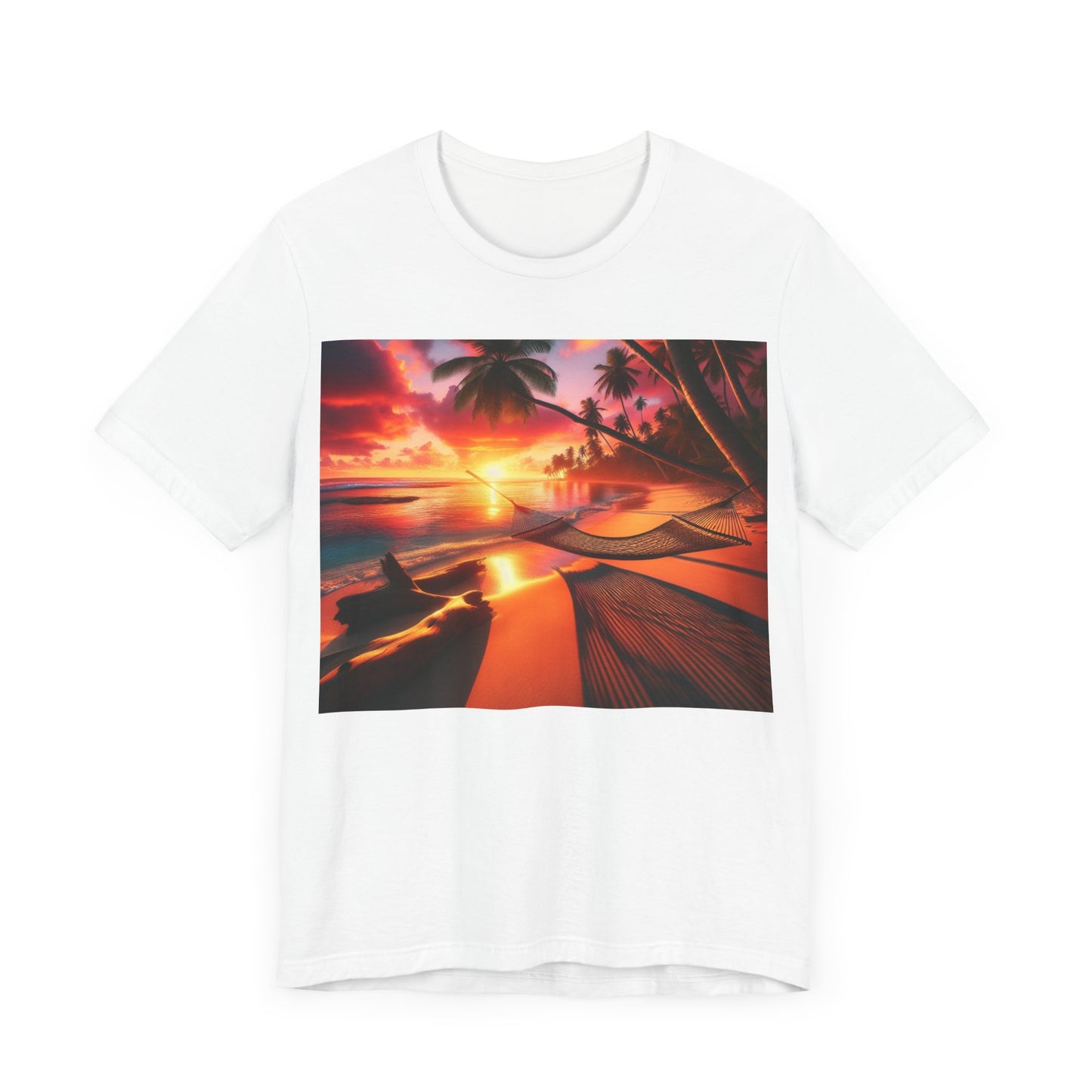 "Paradise Embrace: A Tropical Beach Sunset Symphony" - Tropical Beach Sunset with Palm Trees Unisex Tee