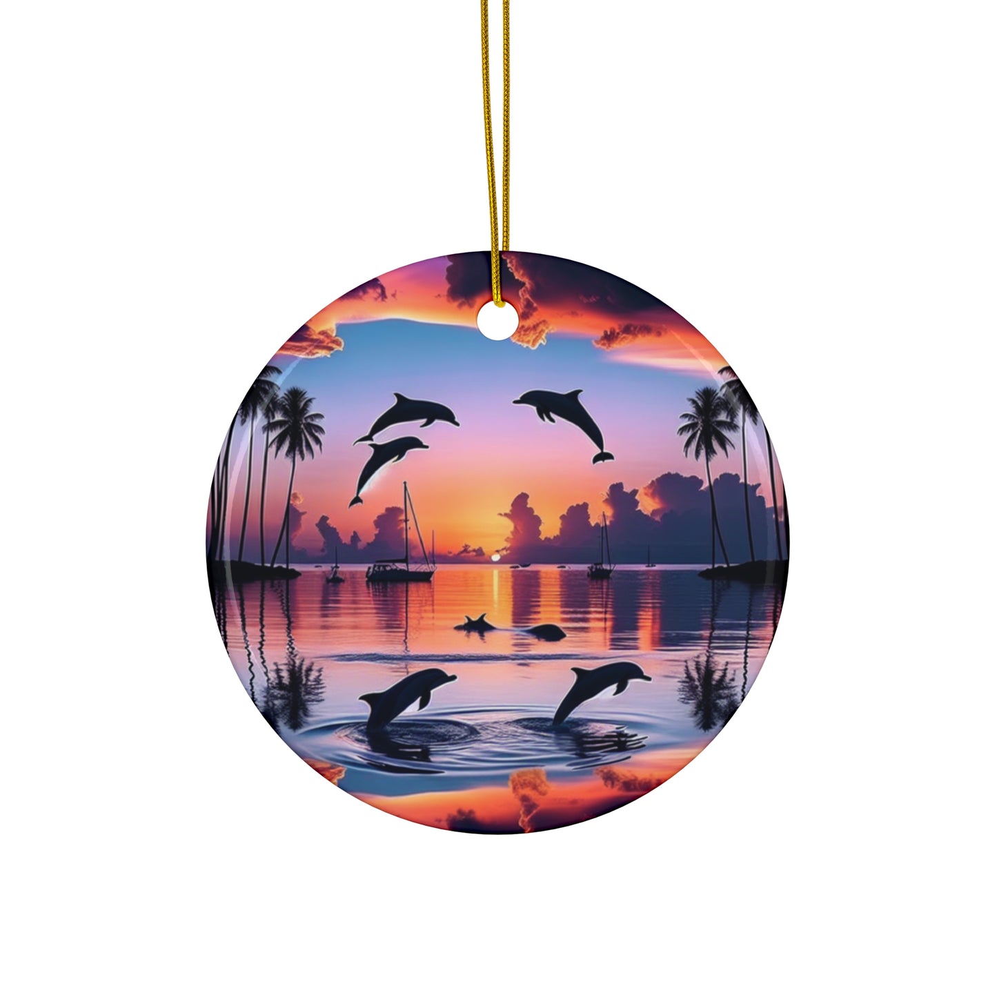 Ceramic Ornament Star, Heart, Snowflake or Circle 1111 "Paradise Radiance: A Tropical Beach Sunset Masterpiece" - Tropical Beach Sunset with Palm Trees, Dolphins, and Sailboats