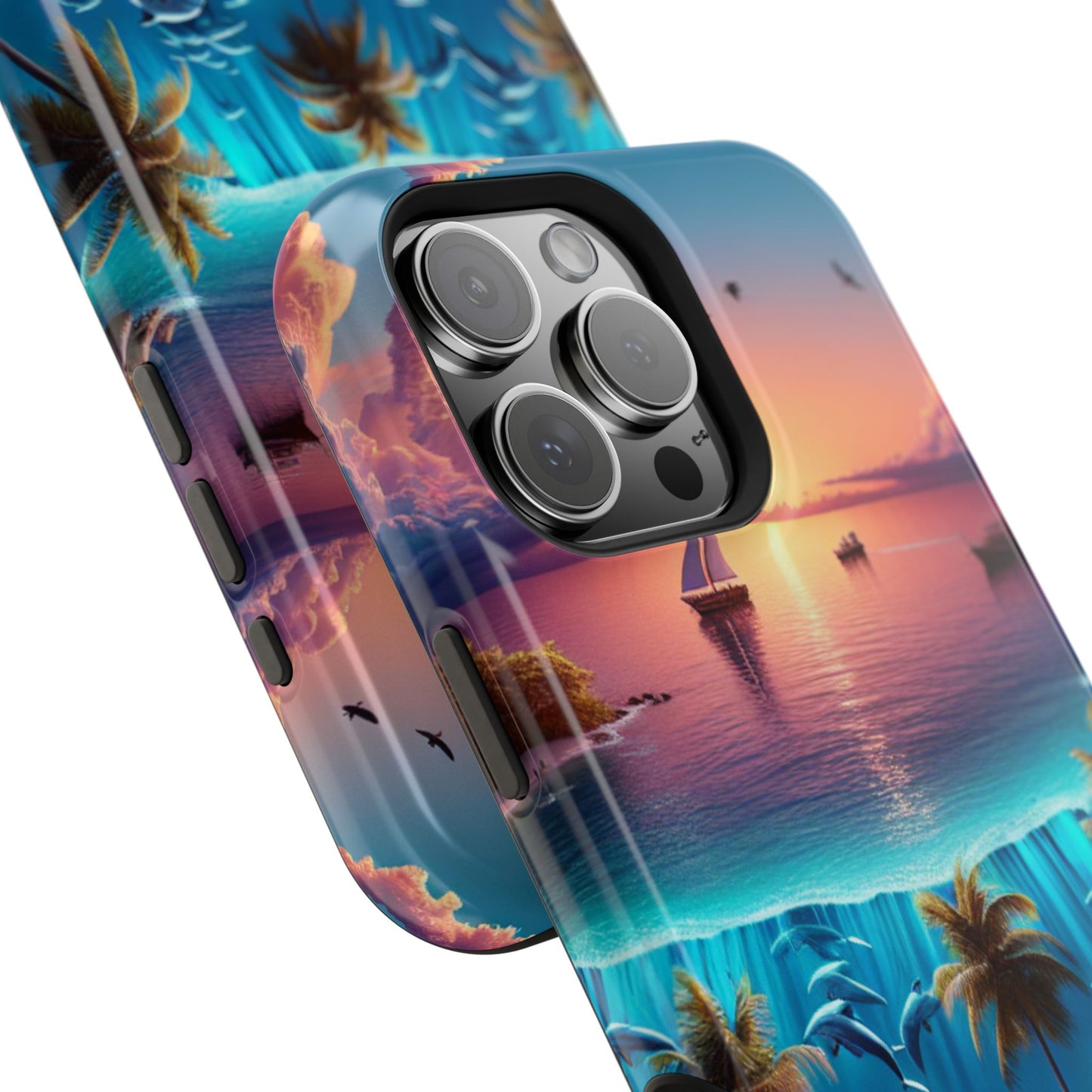 Magnetic Tough Phone case for phone 16 15 14 13 Pro Plus and Max  "Sunset Serenity: A Tropical Solitude" - Tough Phone Case with Tropical Beach Sunset Dolphins ande Sailboats HD Art