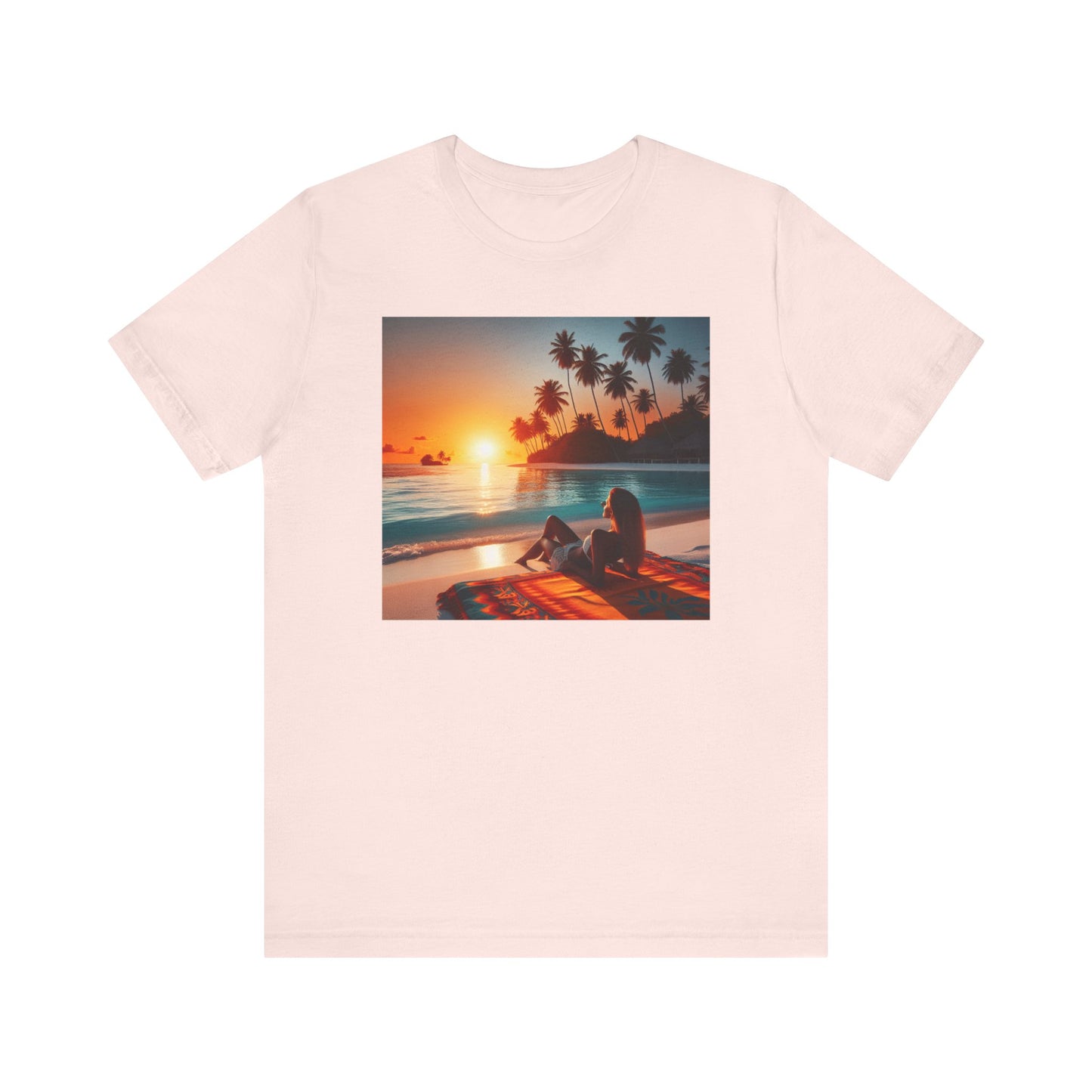 "Serene Solitude: An Exotic Sunset Symphony" - Tropical Beach Sunset with Palm Trees Unisex Jersey T-Shirt