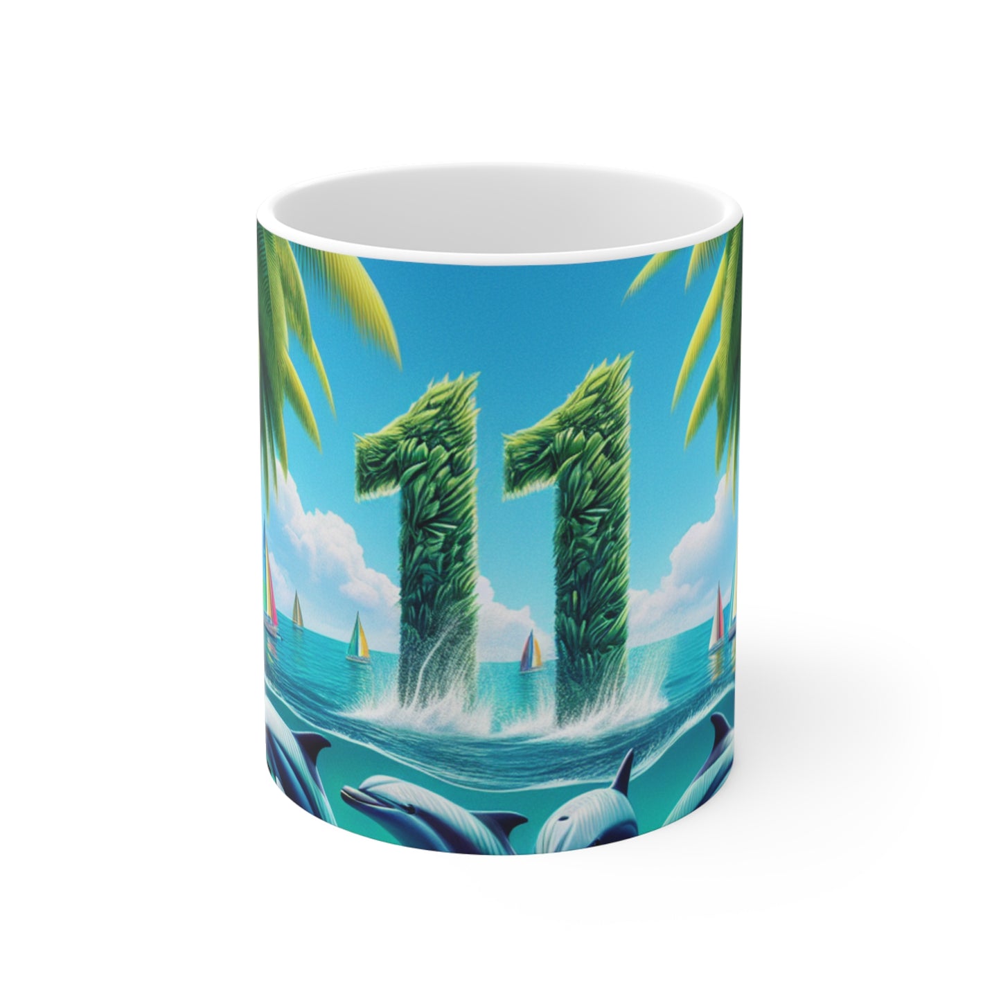 11oz Mug 1111 "Serene Harmony: Tropical Oasis 1111" - Tropical Beach Sunset with Palm Trees Dolphins and Sailboats