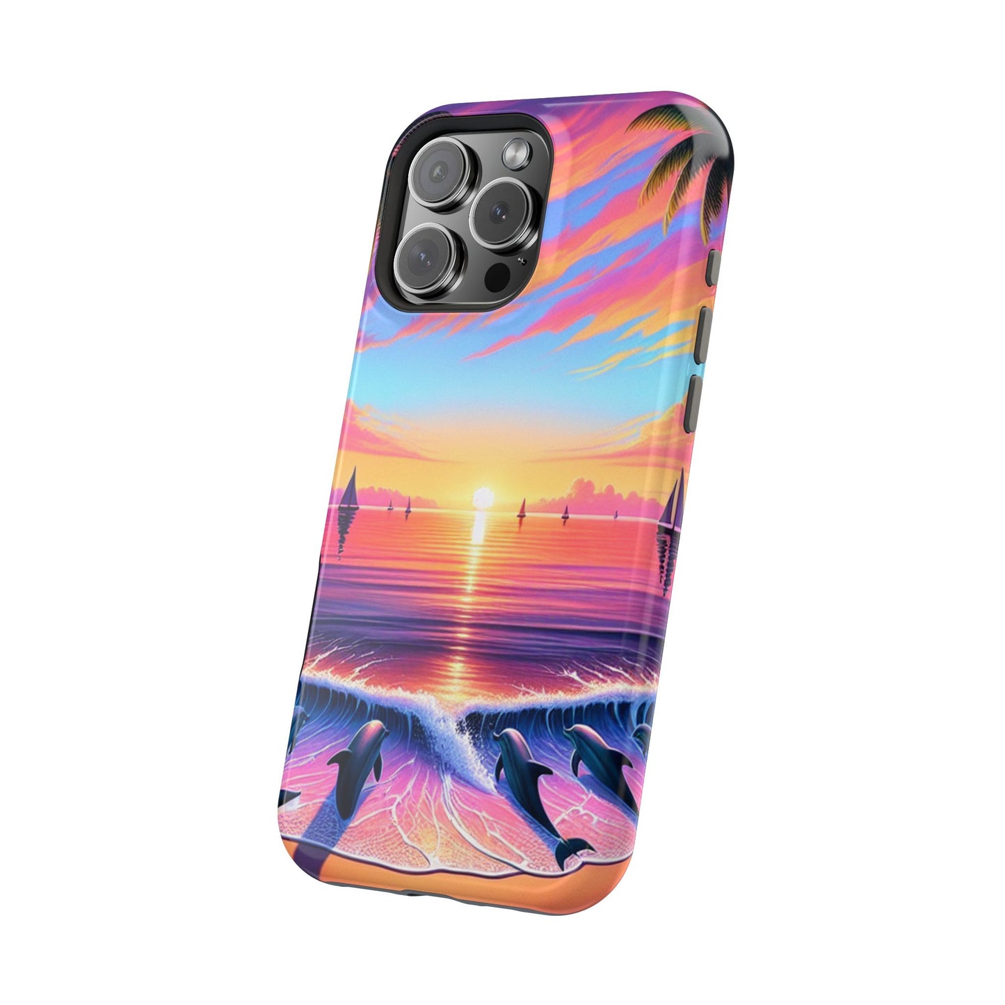 Magnetic Tough Phone case for phone 16 15 14 13 Pro Plus and Max  1111 "Paradise Serenity: A Tropical Twilight Symphony" - Tough Phone Case with Tropical Beach Sunset Dolphins ande Sailboats HD Art