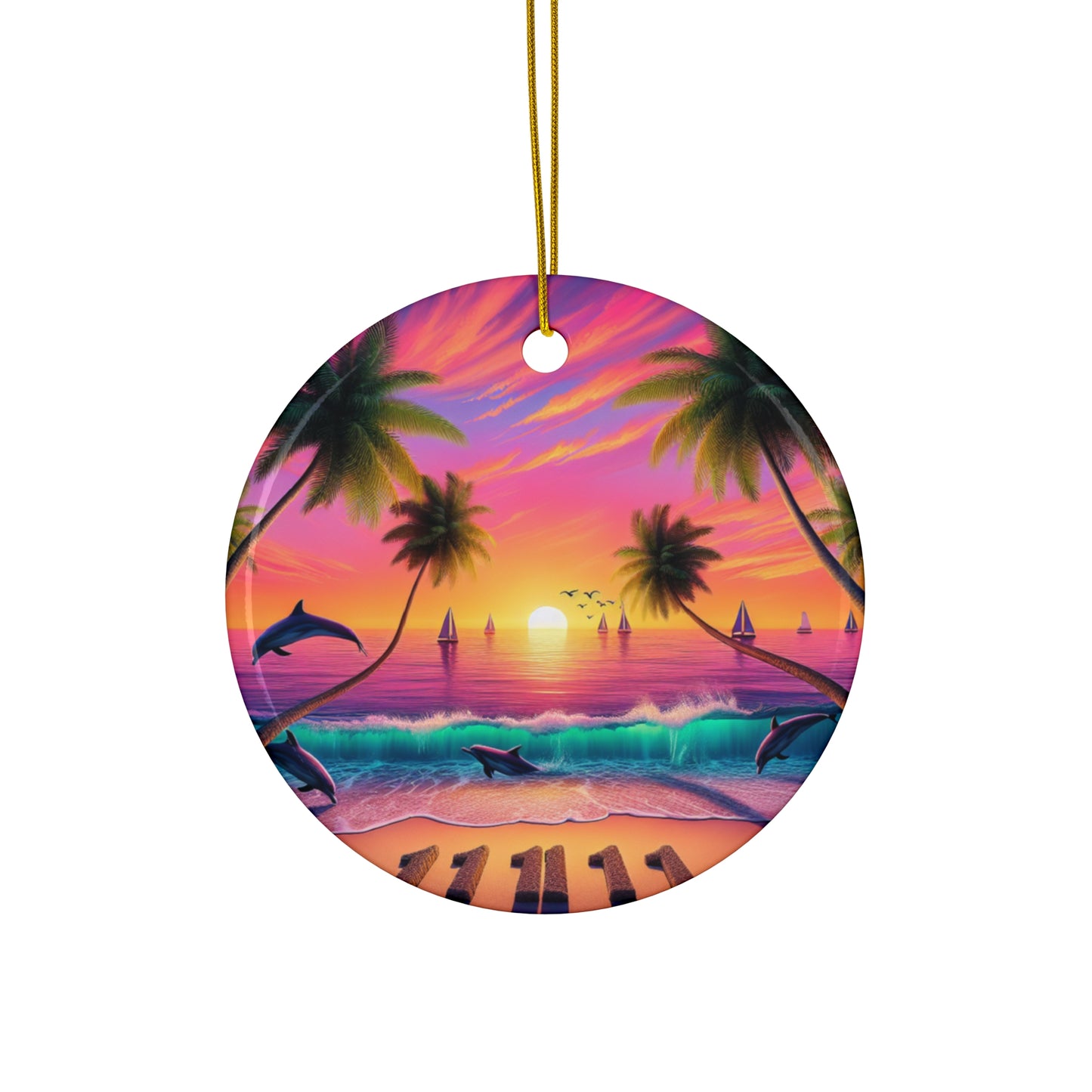 Ceramic Ornament Star, Heart, Snowflake or Circle 1111 "Tropical Twilight Serenade" - Tropical Beach Sunset with Palm Trees, Dolphins, and Sailboats