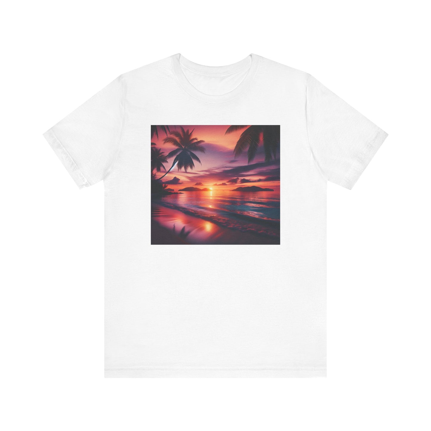 "Paradise Dusk: A Symphonic Blend of Sun, Sand & Serenity" - Tropical Beach Sunset with Palm Trees Unisex Jersey Tee