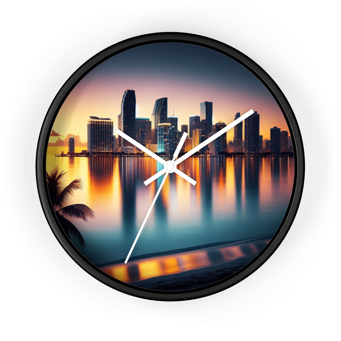 Miami Sunset City Lights and Ocean Reflection Wall Clock